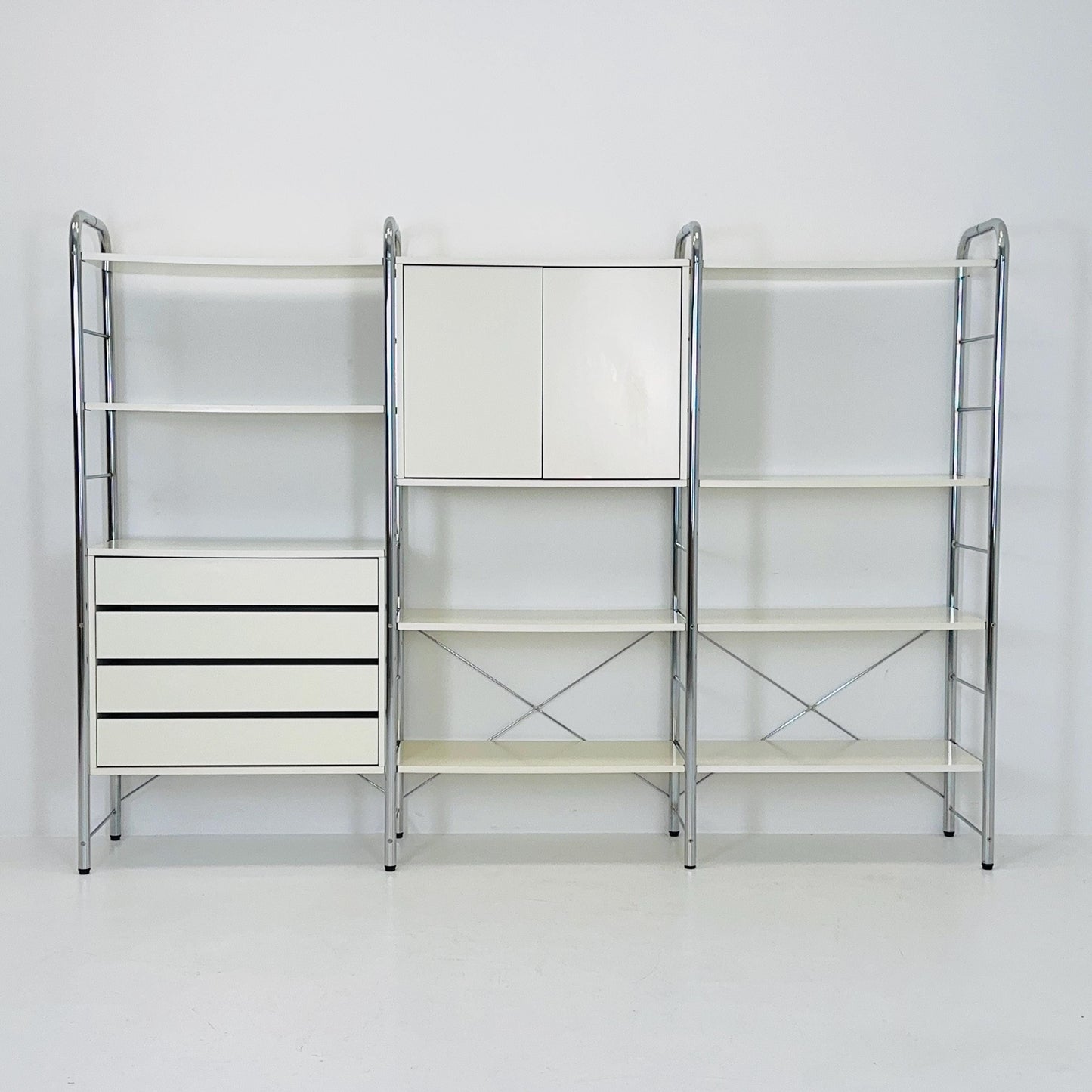 Minimalist white standing modular shelving system “Niklas” by Rutger Andersson for IKEA Sweden 1980s