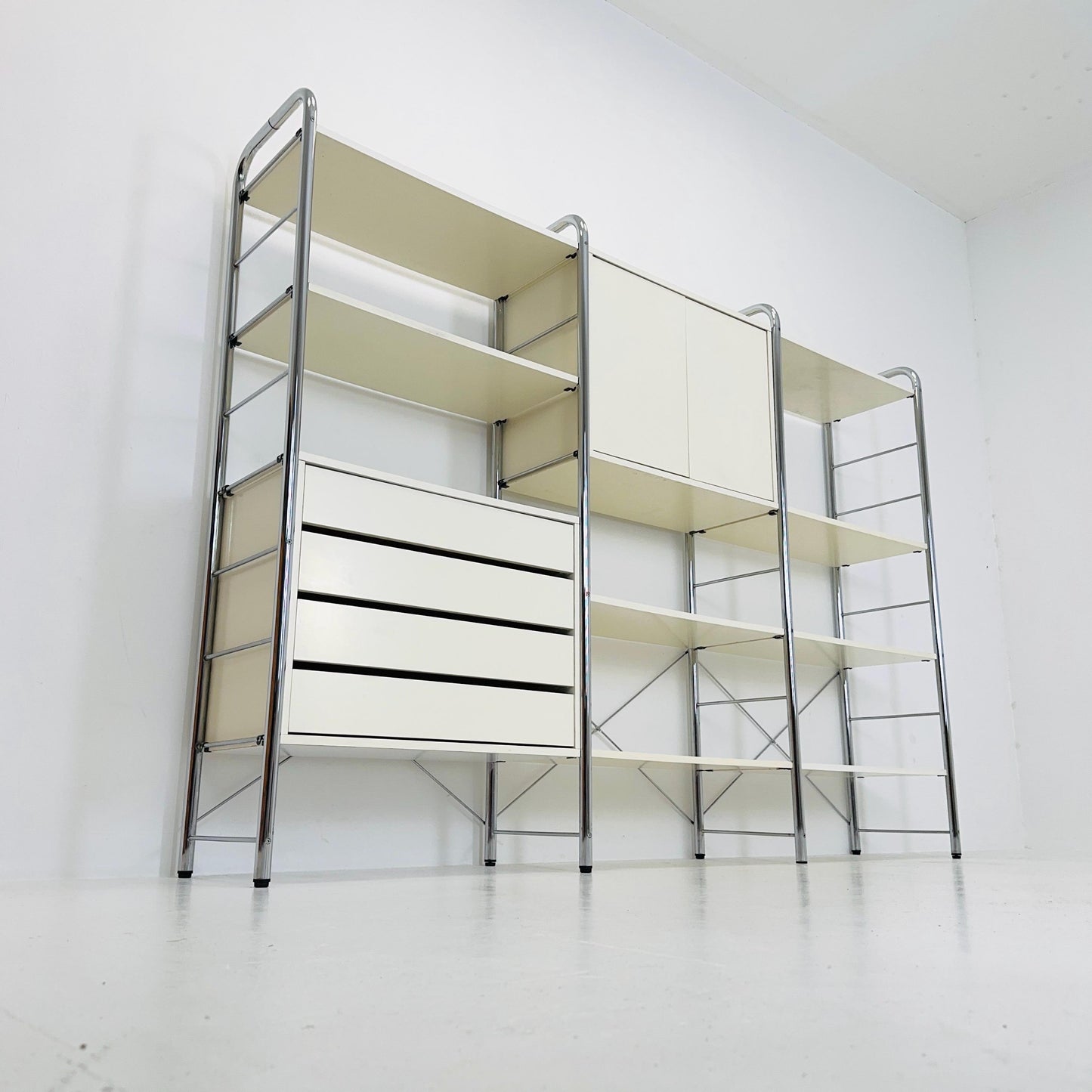 Minimalist white standing modular shelving system “Niklas” by Rutger Andersson for IKEA Sweden 1980s