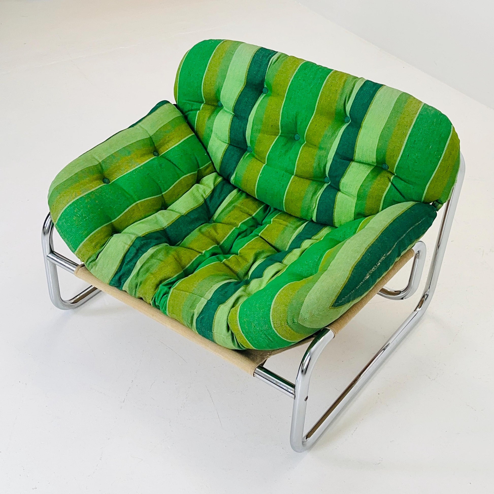 Mid century Postmodern Lounge Chair by Johan Bertil Häggström for Swed Form – Bold Green Striped Upholstery and Chrome Frame 1970s