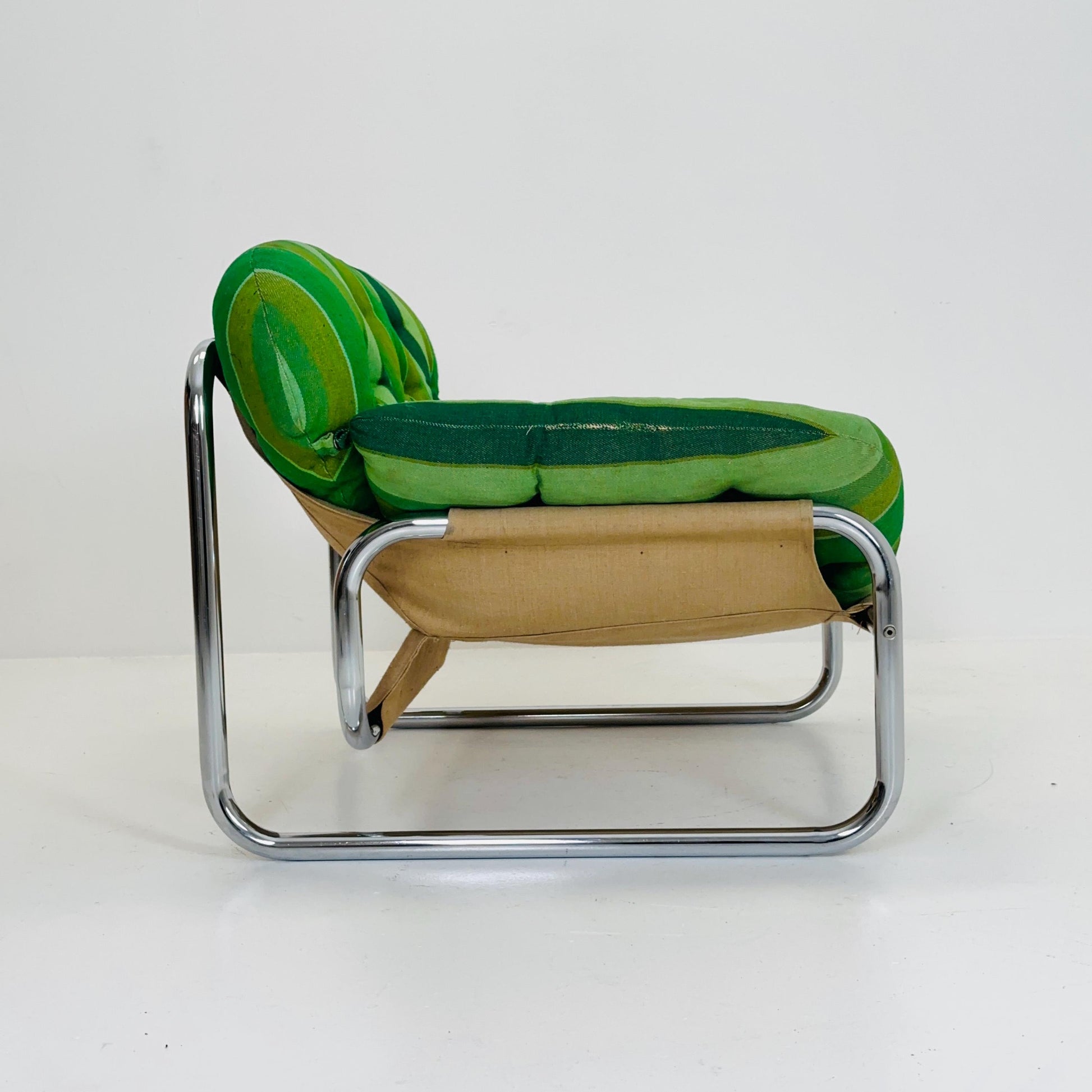 Mid century Postmodern Lounge Chair by Johan Bertil Häggström for Swed Form – Bold Green Striped Upholstery and Chrome Frame 1970s