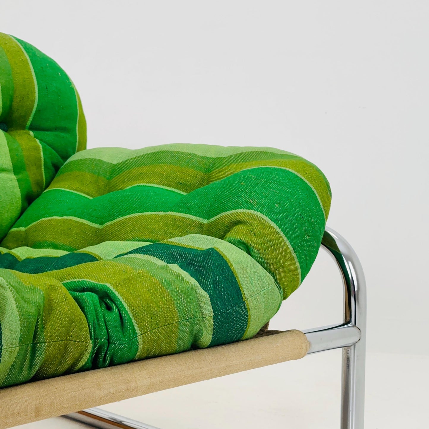 Mid century Postmodern Lounge Chair by Johan Bertil Häggström for Swed Form – Bold Green Striped Upholstery and Chrome Frame 1970s