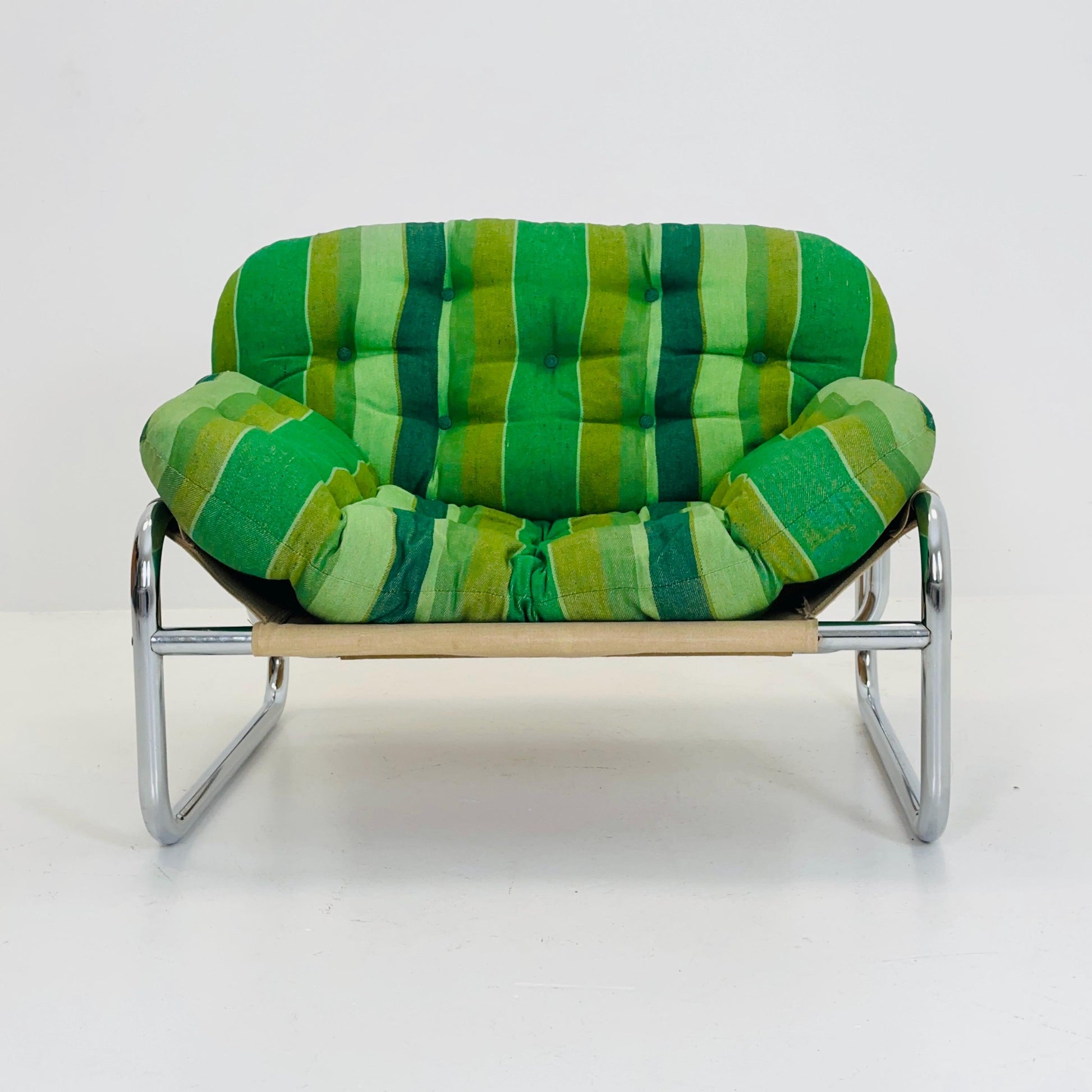 Mid century Postmodern Lounge Chair by Johan Bertil Häggström for Swed Form – Bold Green Striped Upholstery and Chrome Frame 1970s