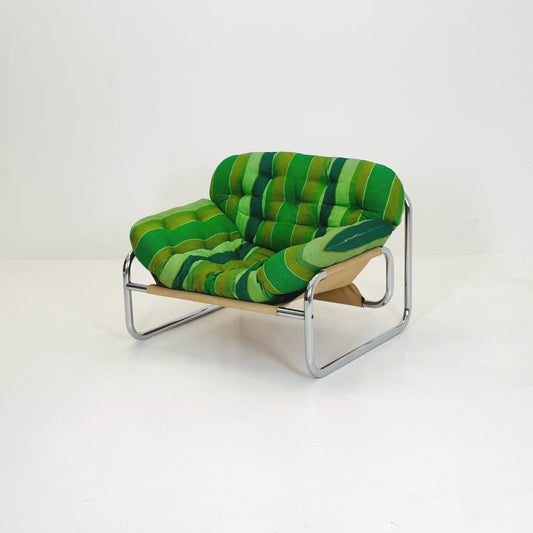 Mid century Postmodern Lounge Chair by Johan Bertil Häggström for Swed Form – Bold Green Striped Upholstery and Chrome Frame 1970s