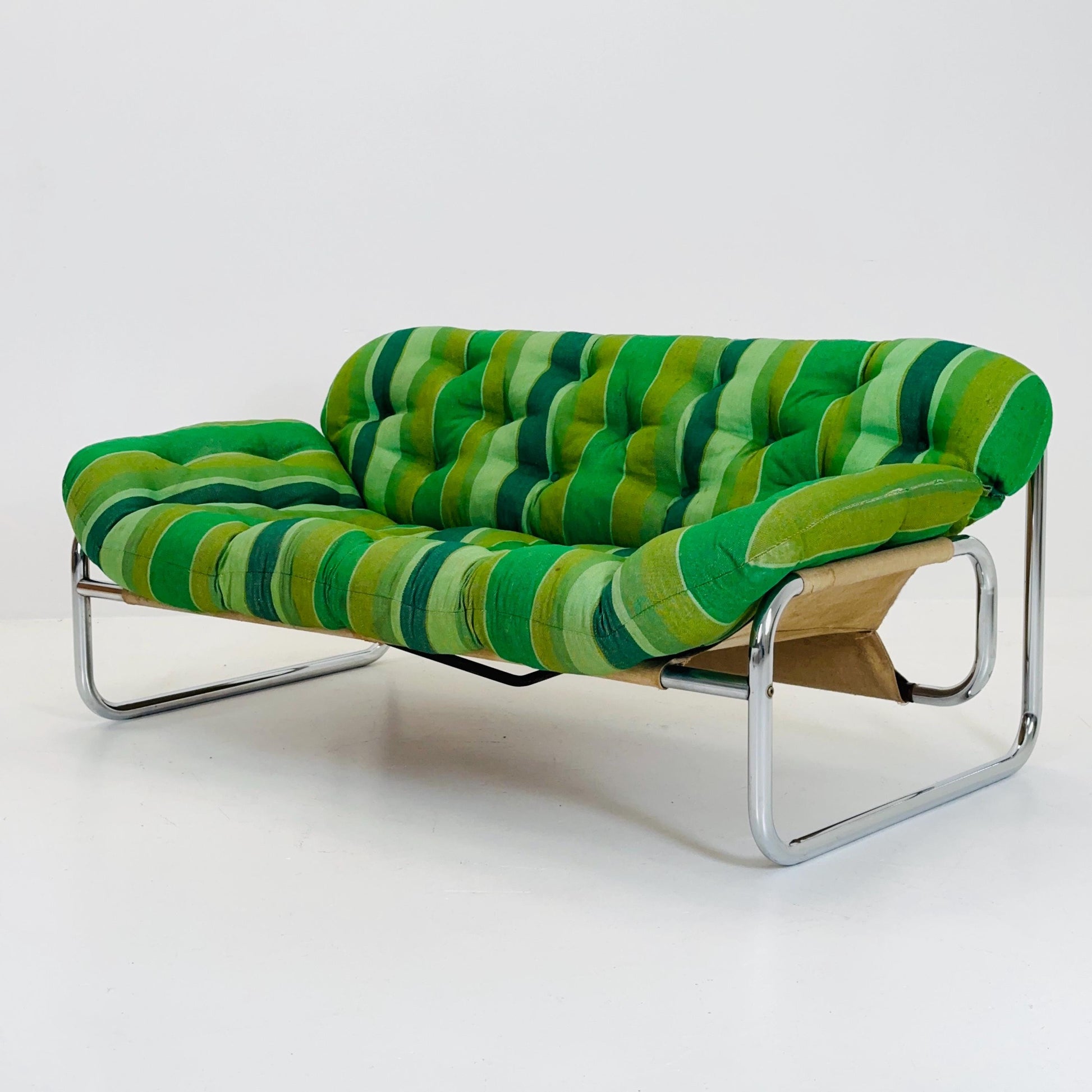 Mid century Postmodern Sofa by Johan Bertil Häggström for Swed Form – Green Striped Upholstery with Chrome Frame, 1974