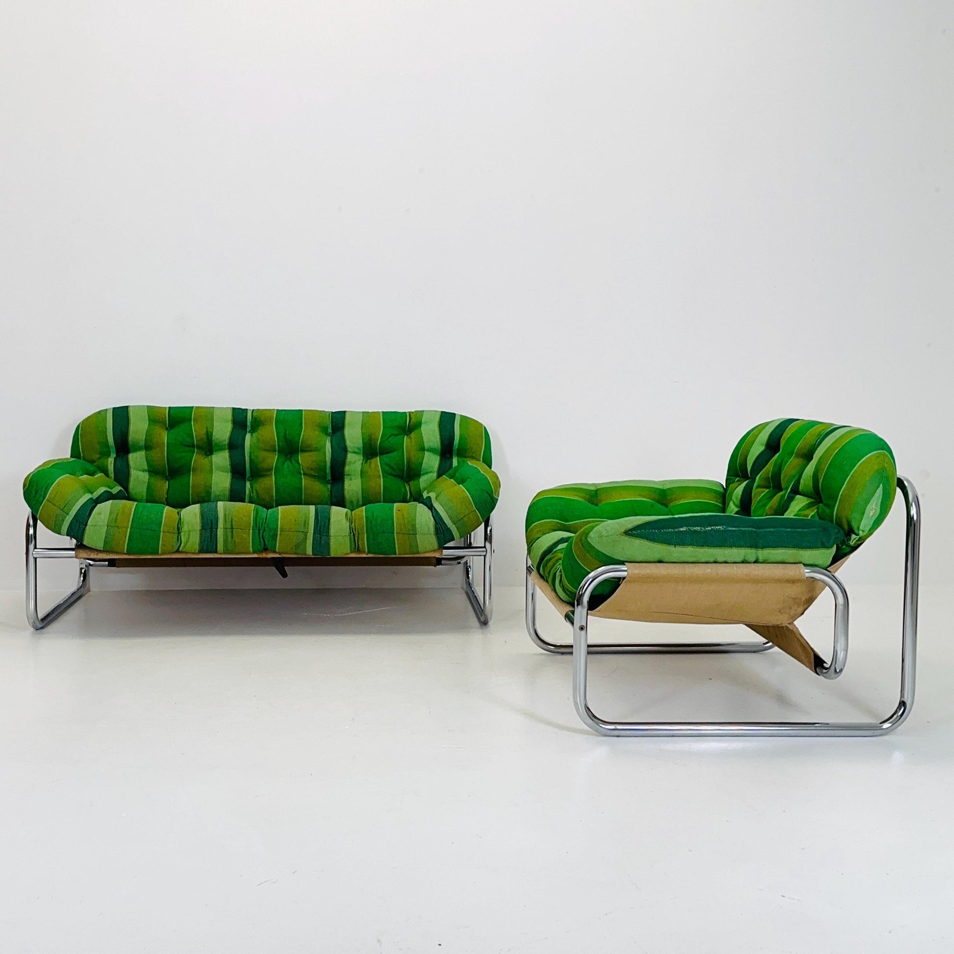 Rare Johan Bertil Häggström Sofa & Armchair Set for Swed Form – Iconic Green Striped Upholstery - Chrome Frame 1970s