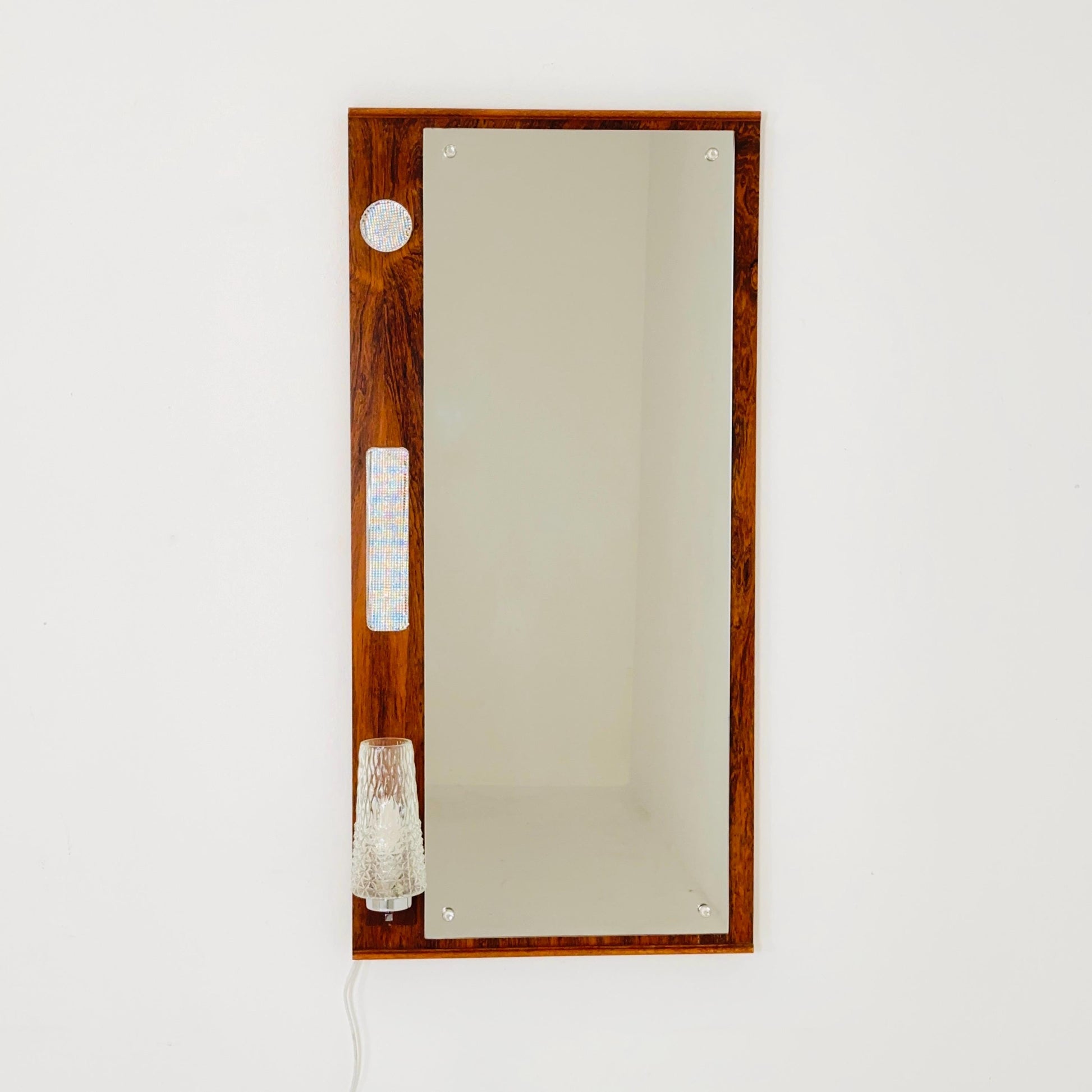 Large Mid century Vintage Danish Modern wood Wall Mirror with Light 1960s