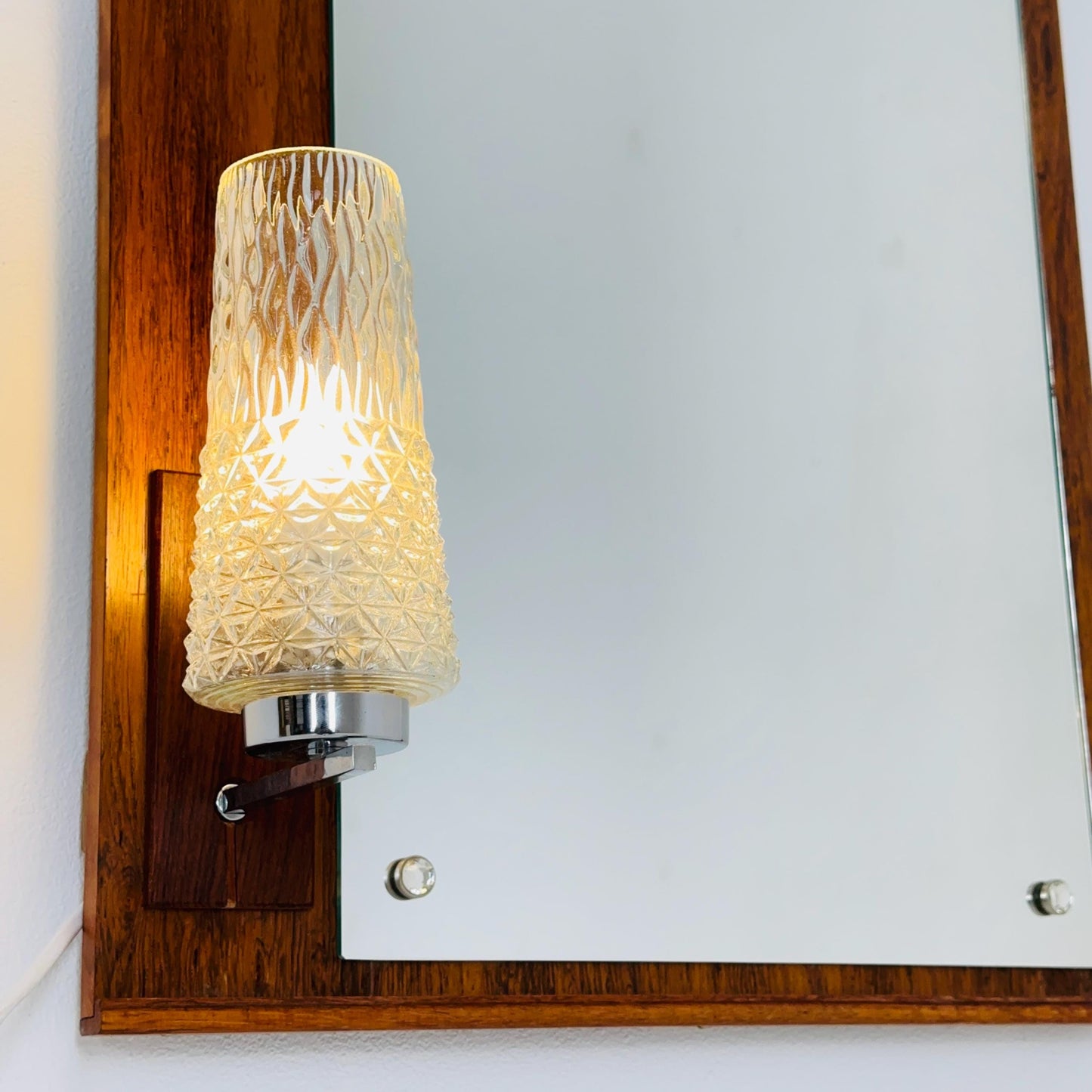 Large Mid century Vintage Danish Modern wood Wall Mirror with Light 1960s