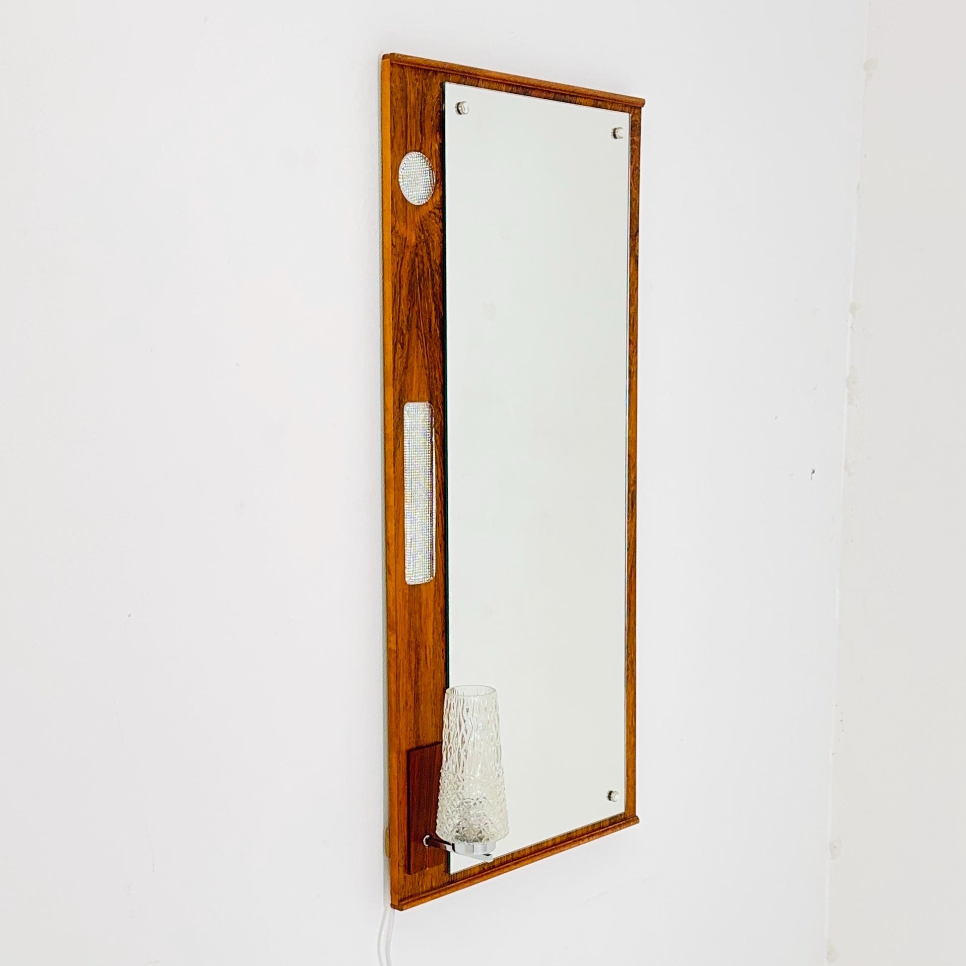 Large Mid century Vintage Danish Modern wood Wall Mirror with Light 1960s