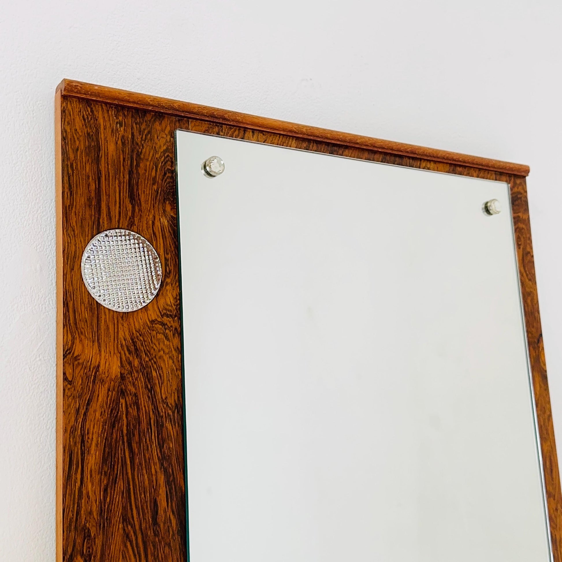 Large Mid century Vintage Danish Modern wood Wall Mirror with Light 1960s