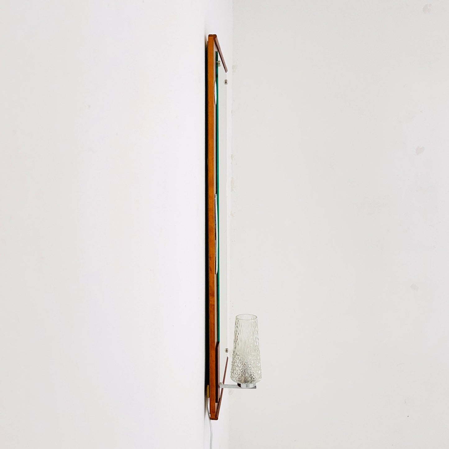 Large Mid century Vintage Danish Modern wood Wall Mirror with Light 1960s
