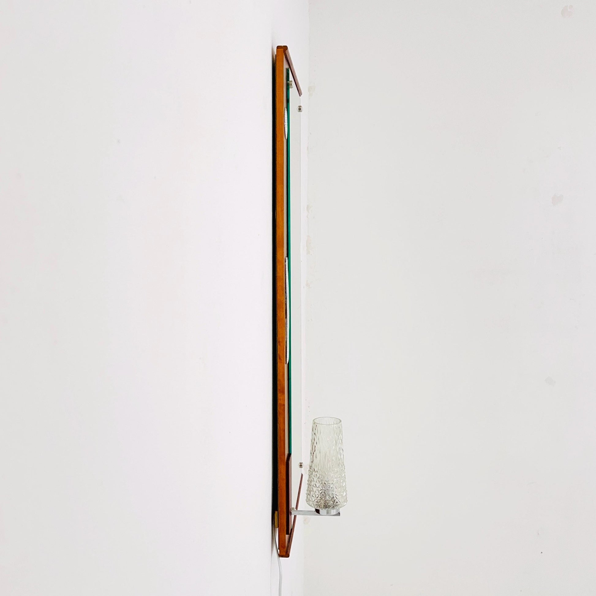 Large Mid century Vintage Danish Modern wood Wall Mirror with Light 1960s