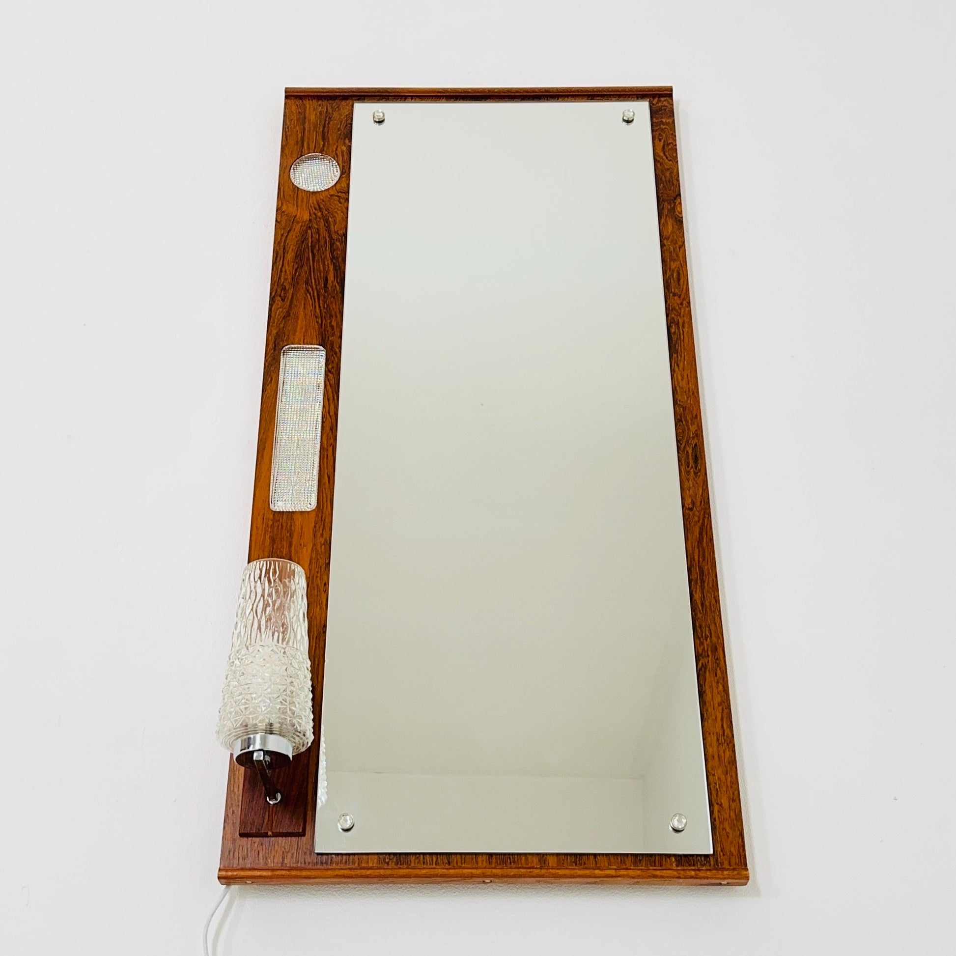 Large Mid century Vintage Danish Modern wood Wall Mirror with Light 1960s