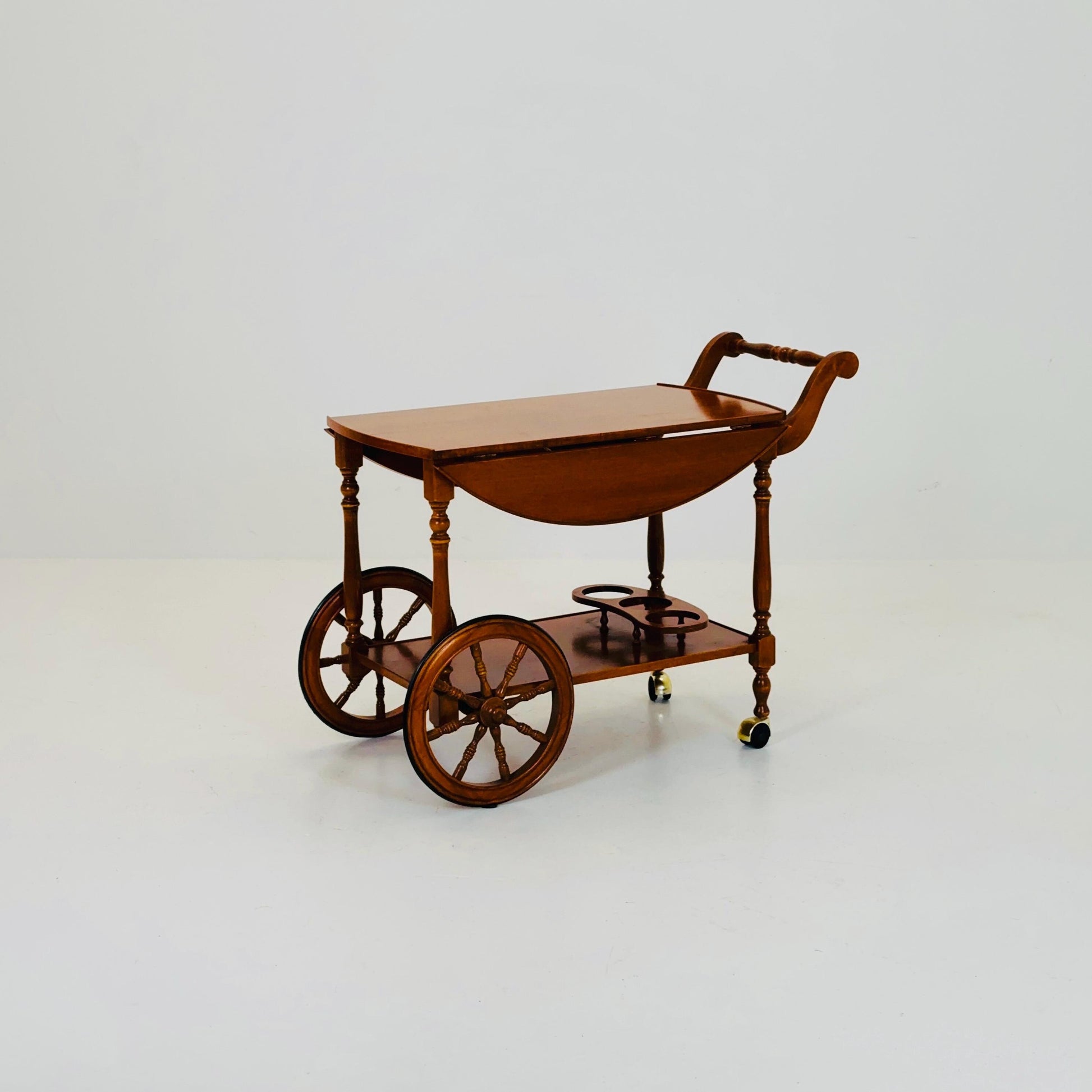 Vintage French Wooden Bar Cart with Drop-Leaf Sides and Rolling Wheels 1960s