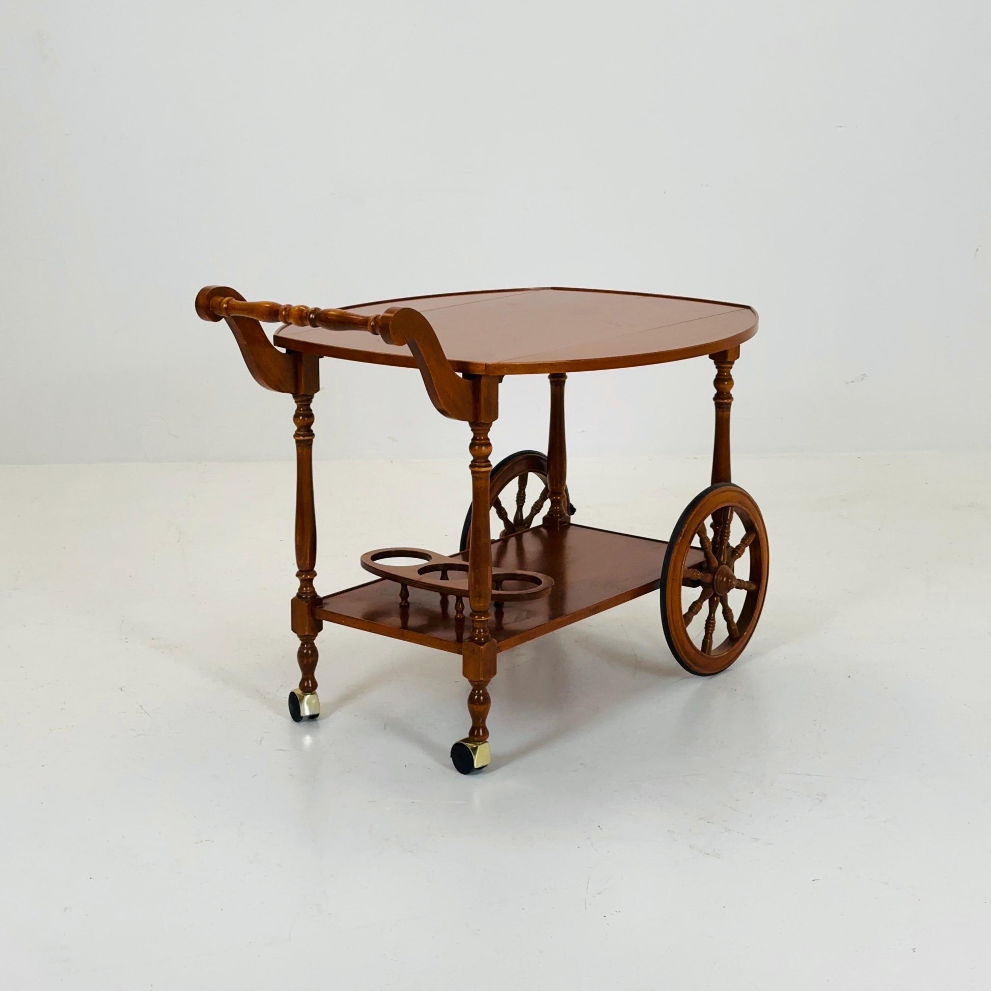 Vintage French Wooden Bar Cart with Drop-Leaf Sides and Rolling Wheels 1960s