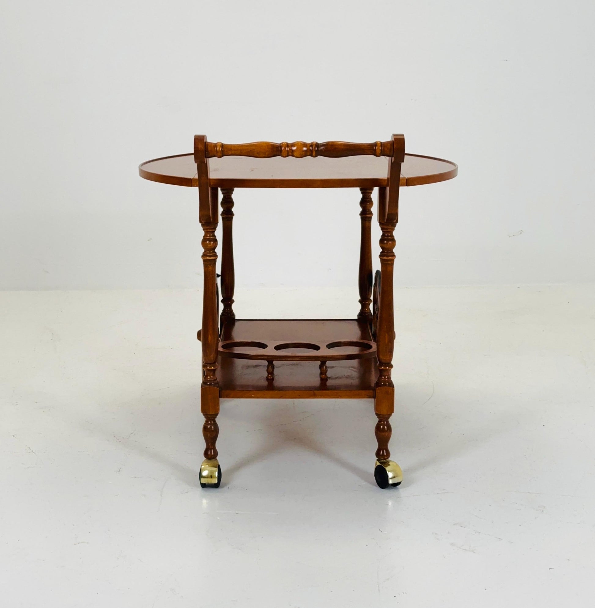 Vintage French Wooden Bar Cart with Drop-Leaf Sides and Rolling Wheels 1960s