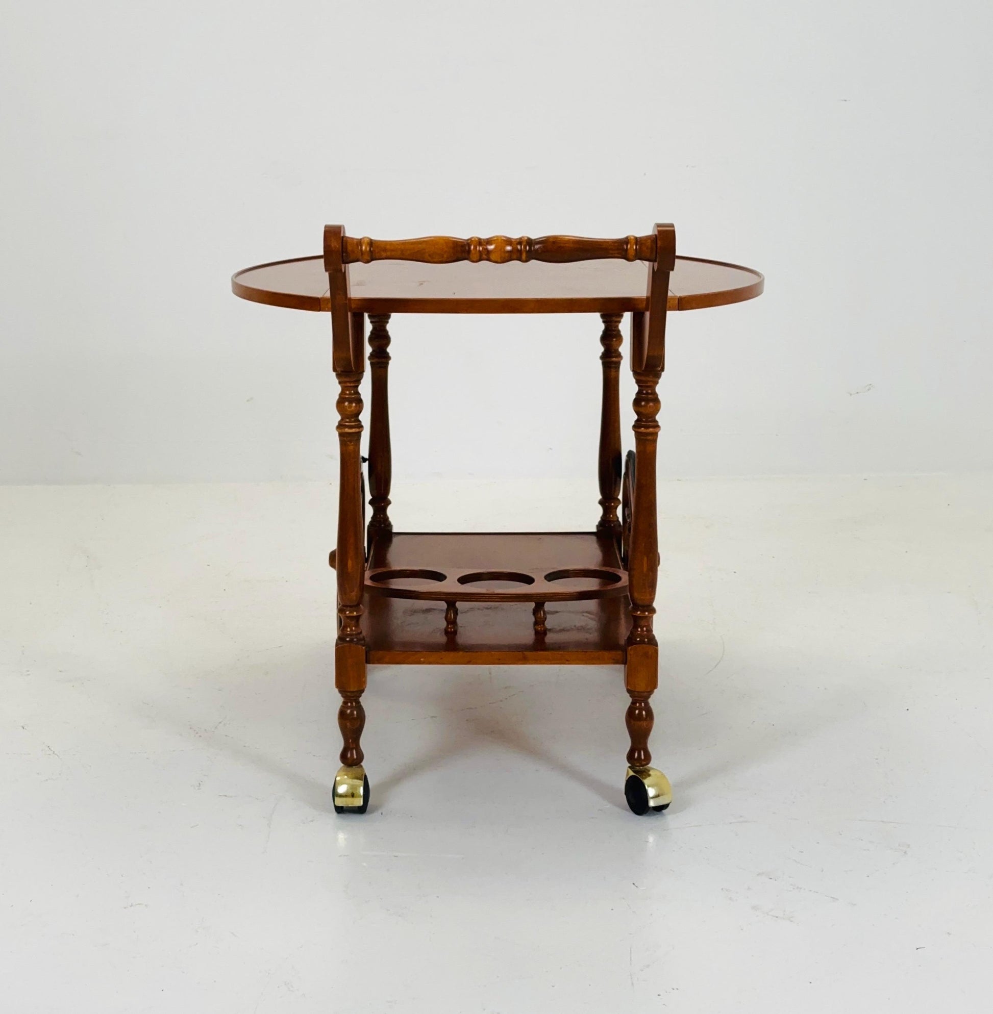 Vintage French Wooden Bar Cart with Drop-Leaf Sides and Rolling Wheels 1960s