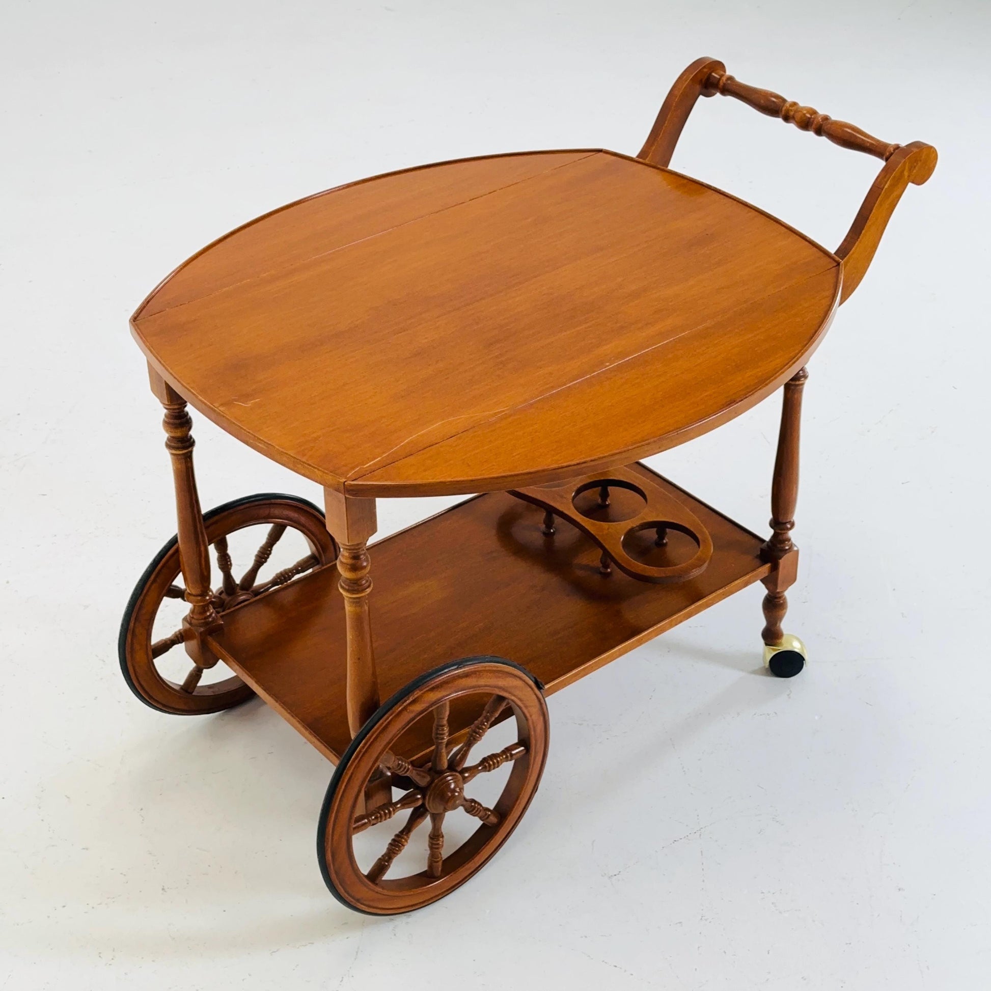 Vintage French Wooden Bar Cart with Drop-Leaf Sides and Rolling Wheels 1960s