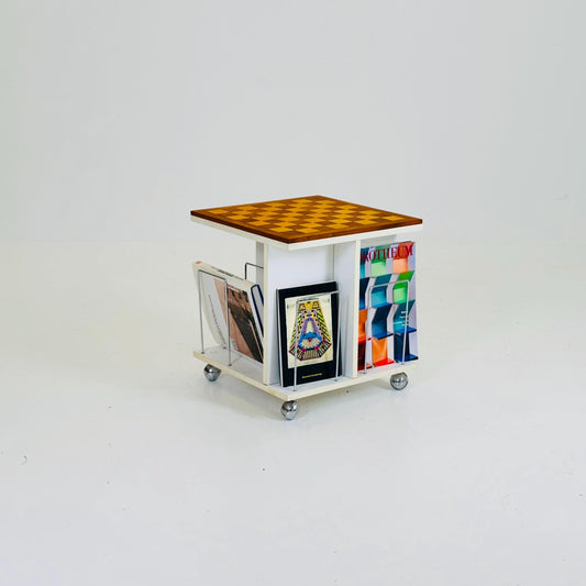Mid century side table - trolley with magazine rack storage and chess game top 1970s