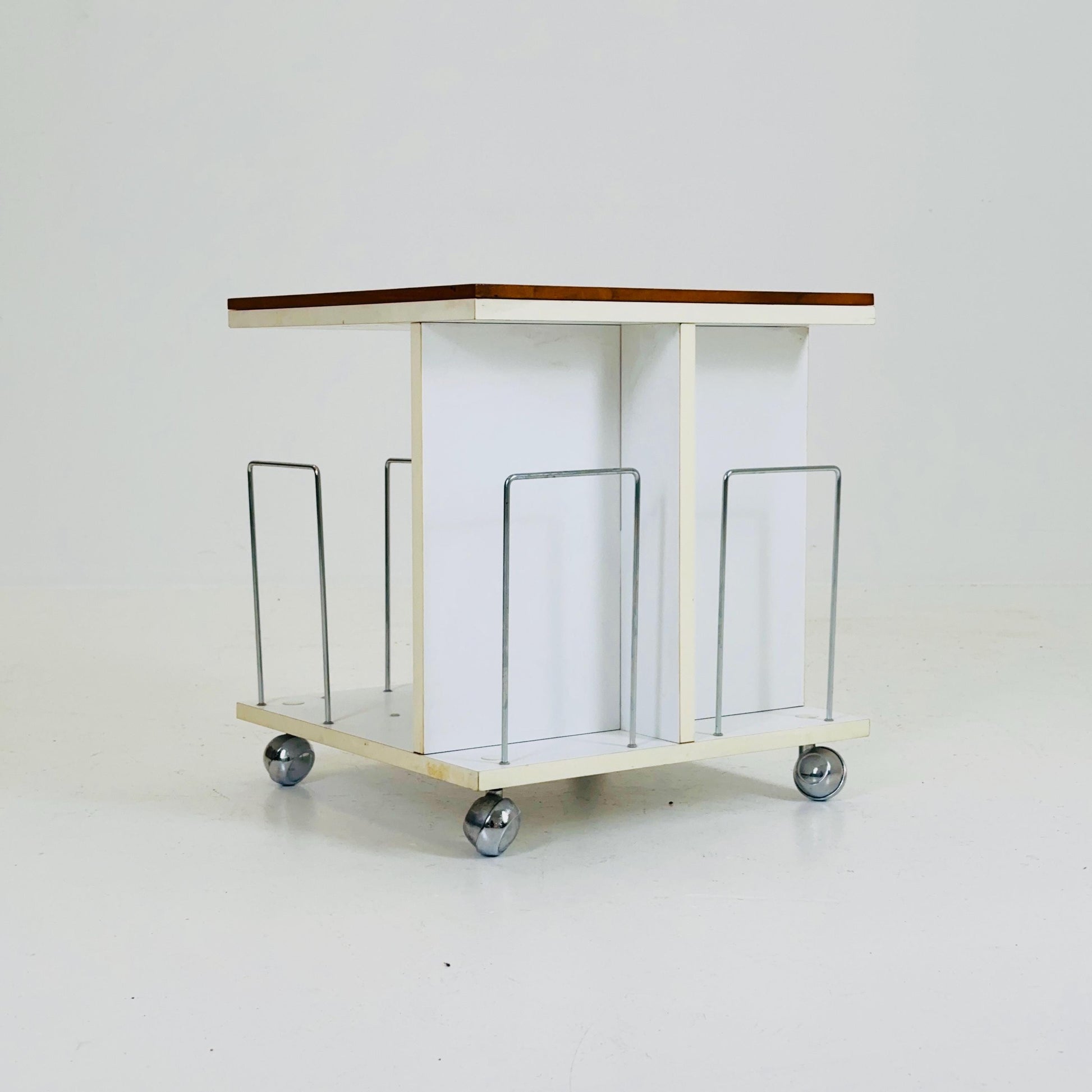 Mid century side table - trolley with magazine rack storage and chess game top 1970s