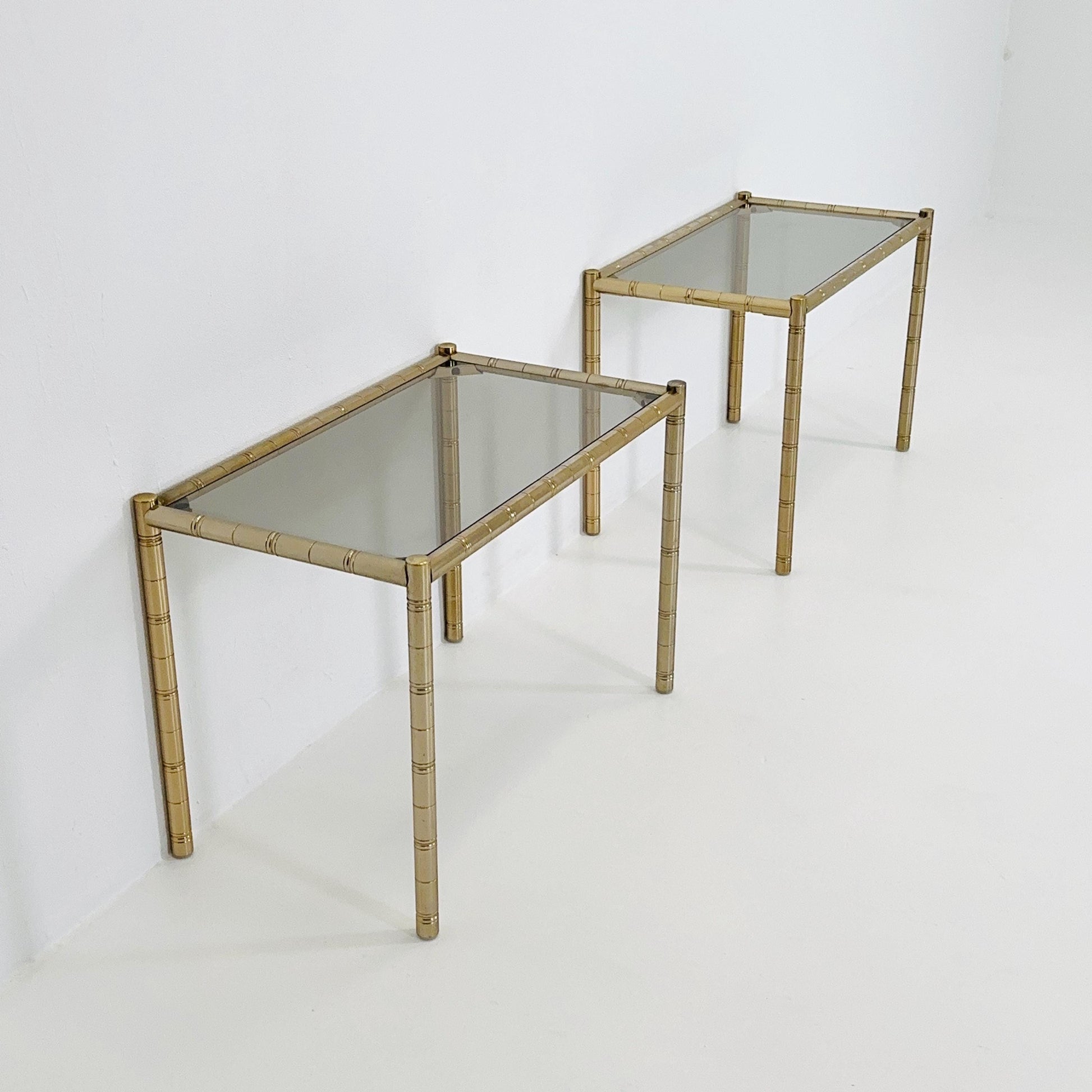 Set of 2 Hollywood regency Brass side tables /bedside tables with artificial bamboo imitation & glass frame, 1960s,Italy