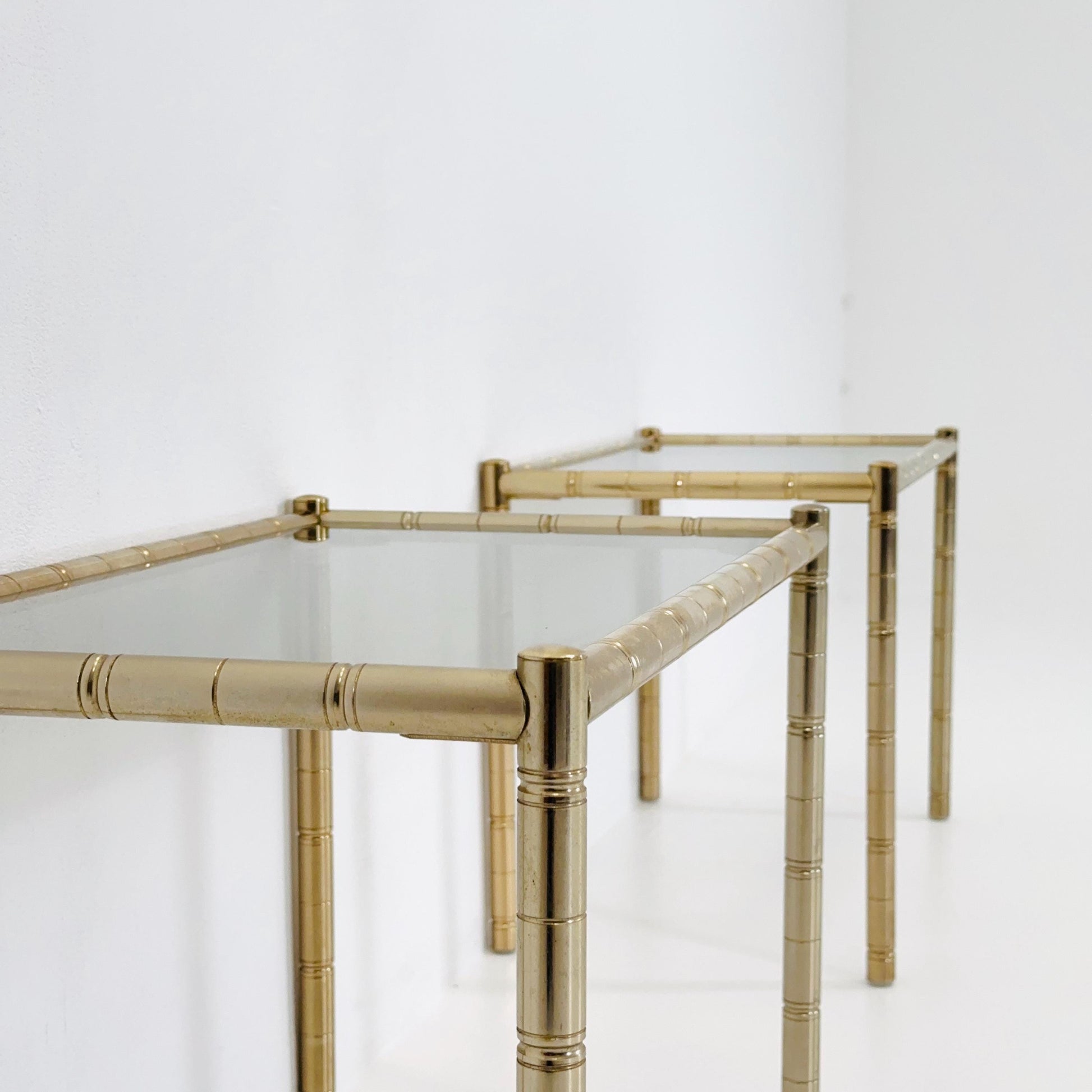 Set of 2 Hollywood regency Brass side tables /bedside tables with artificial bamboo imitation & glass frame, 1960s,Italy