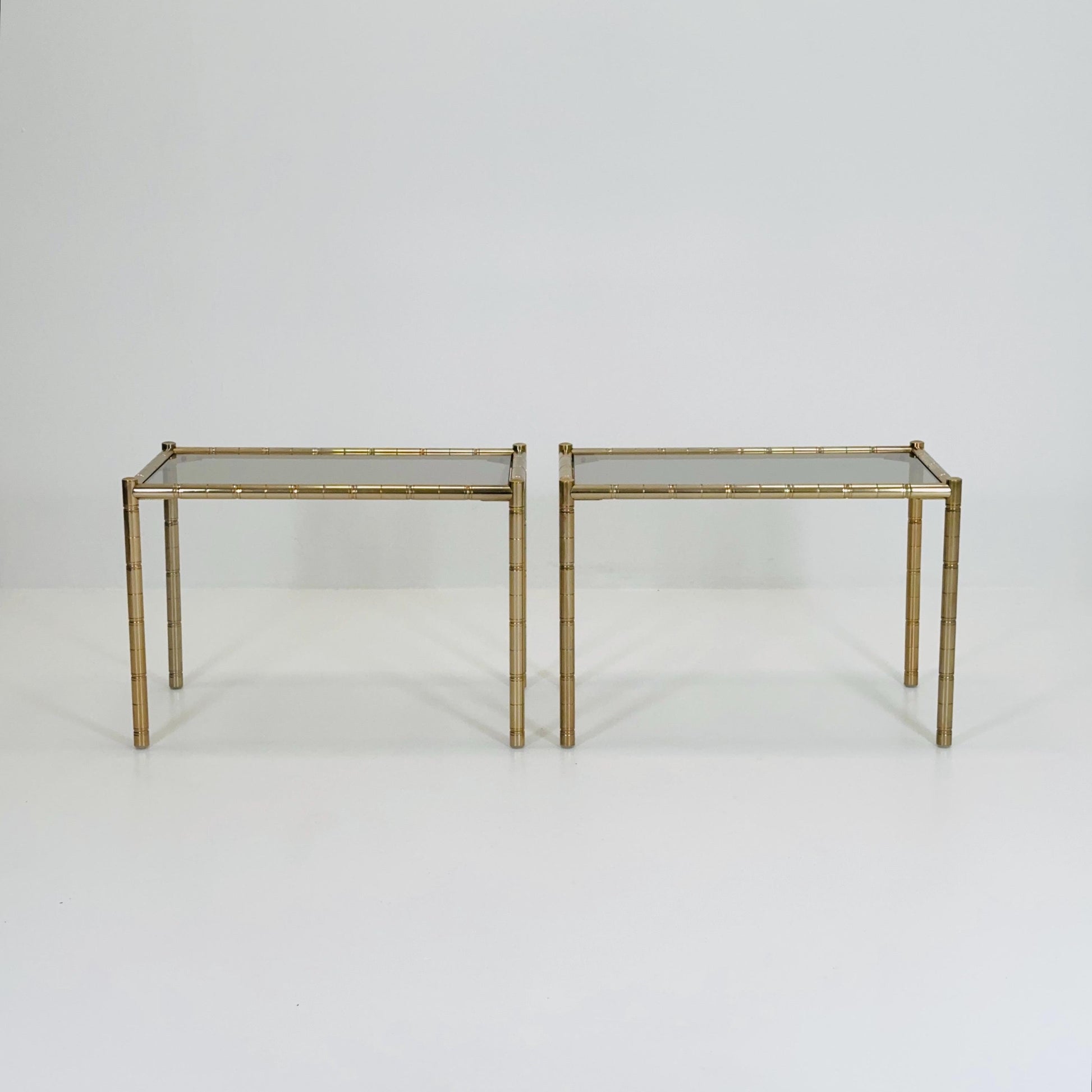Set of 2 Hollywood regency Brass side tables /bedside tables with artificial bamboo imitation & glass frame, 1960s,Italy