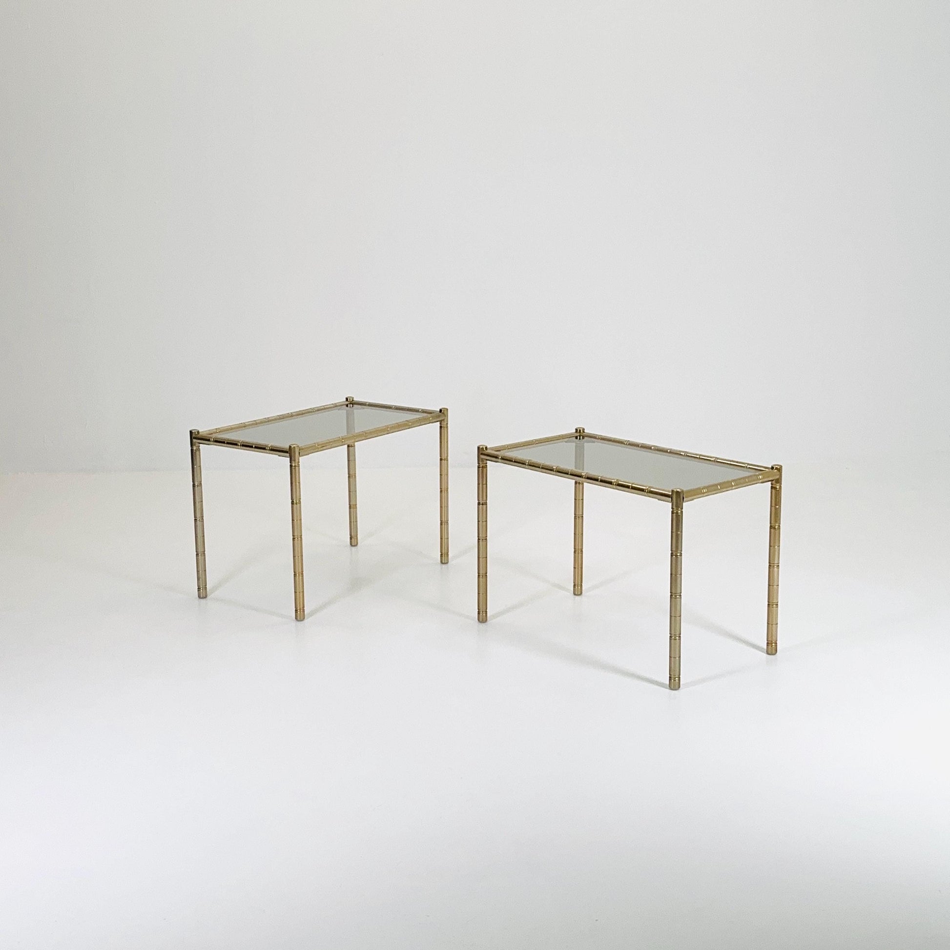 Set of 2 Hollywood regency Brass side tables /bedside tables with artificial bamboo imitation & glass frame, 1960s,Italy