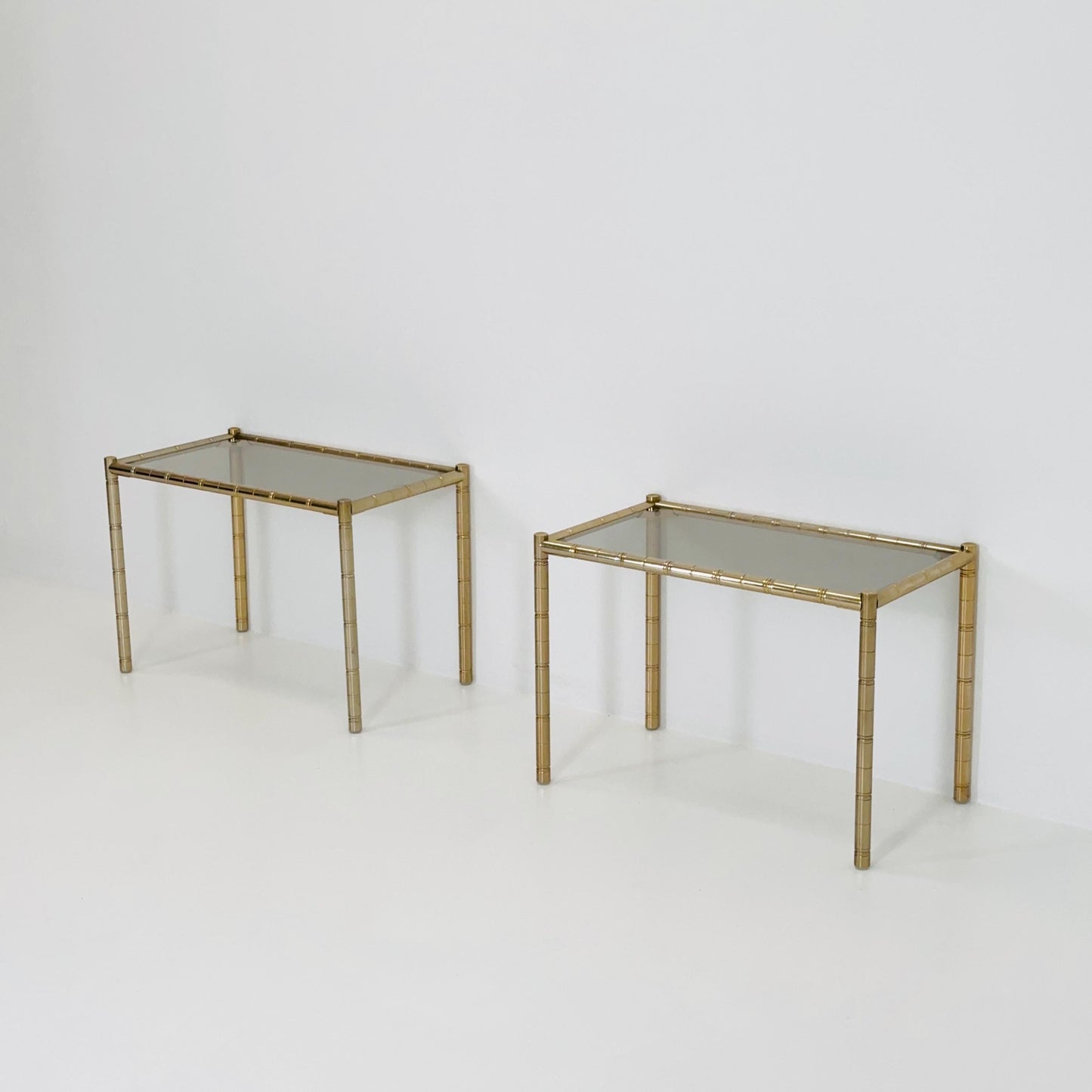 Set of 2 Hollywood regency Brass side tables /bedside tables with artificial bamboo imitation & glass frame, 1960s,Italy