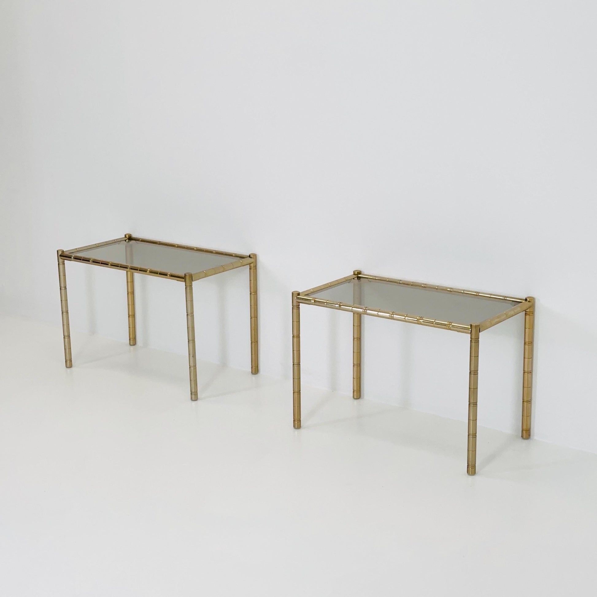 Set of 2 Hollywood regency Brass side tables /bedside tables with artificial bamboo imitation & glass frame, 1960s,Italy