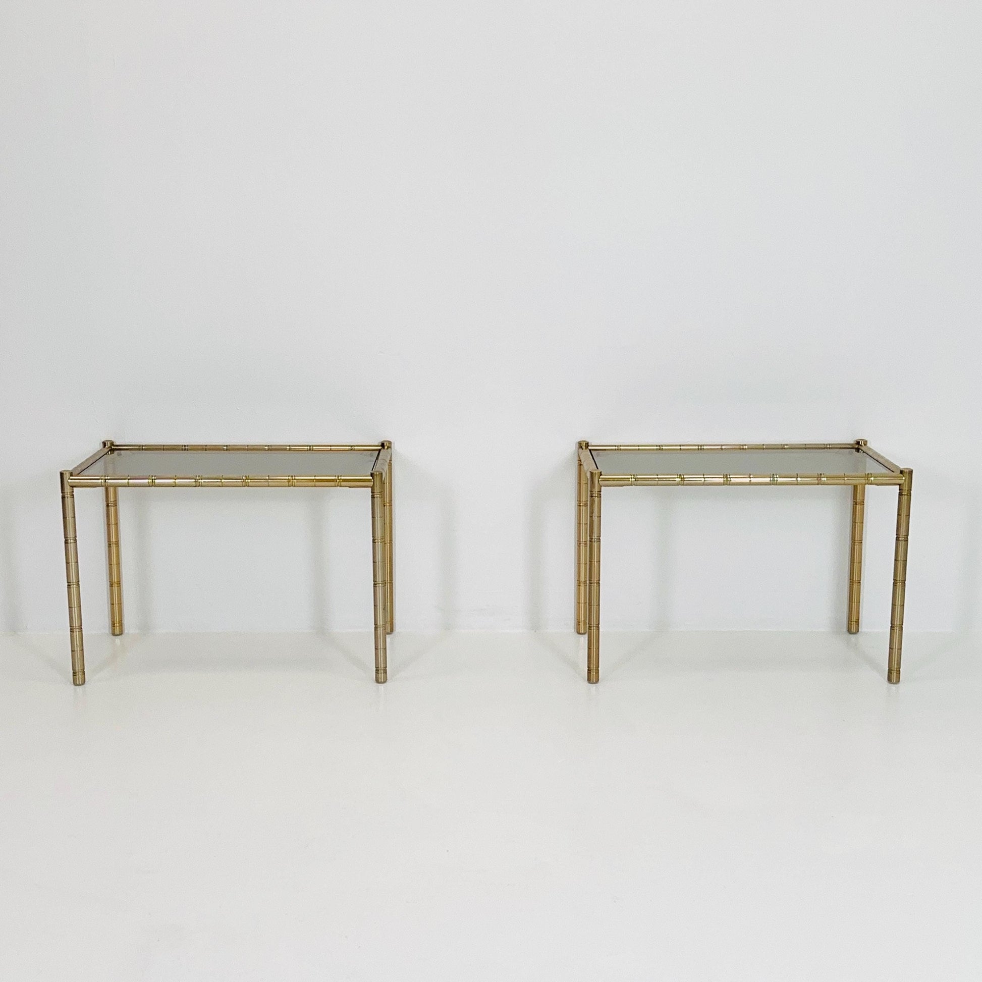 Set of 2 Hollywood regency Brass side tables /bedside tables with artificial bamboo imitation & glass frame, 1960s,Italy