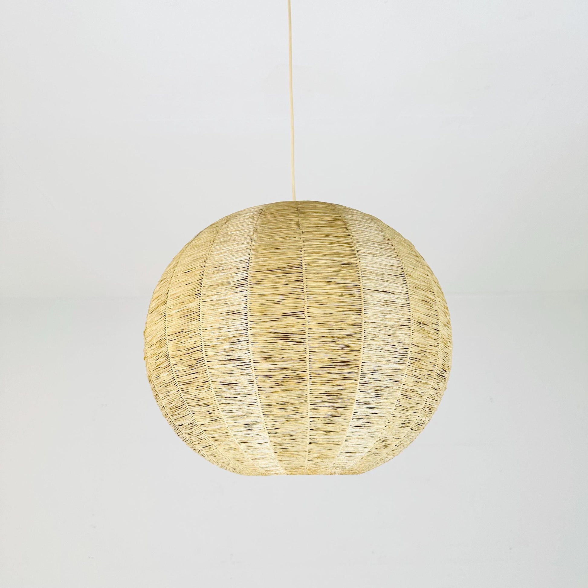 Vintage 1970s Cocoon Raffia Ball Lamp, Large Mid-Century Natural Fiber Pendant Light”