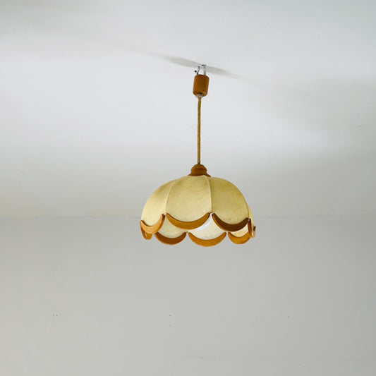 Mid century Scalloped, cocoon style Pendant Lamp with Wooden Accents 1960s