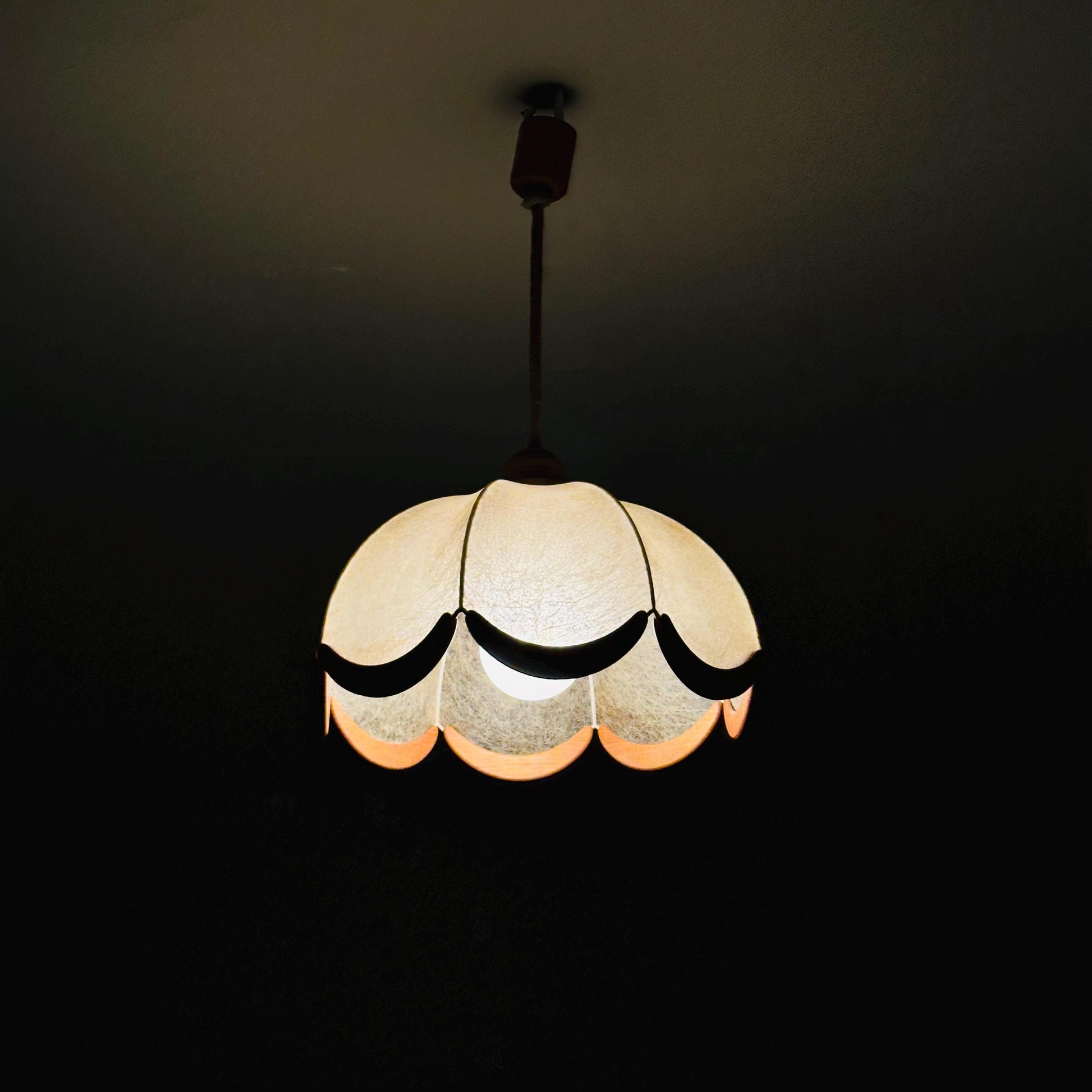 Mid century Scalloped, cocoon style Pendant Lamp with Wooden Accents 1960s