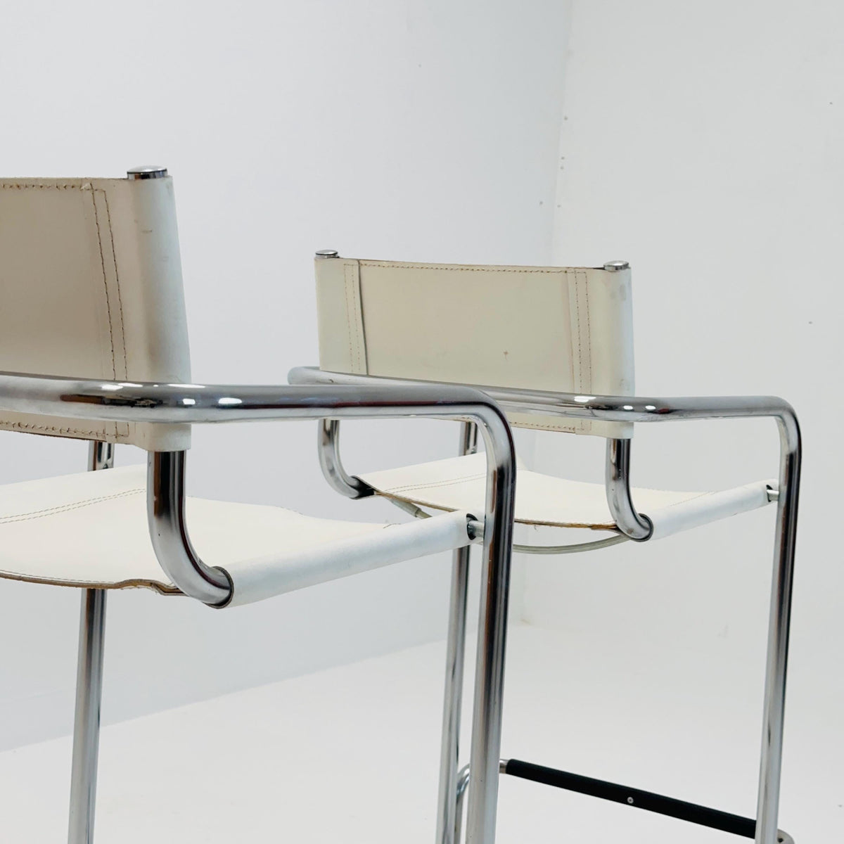 Set of 2 Mart Stam white leather and chrome Italian Mid-Century Modern barstools, 1970s