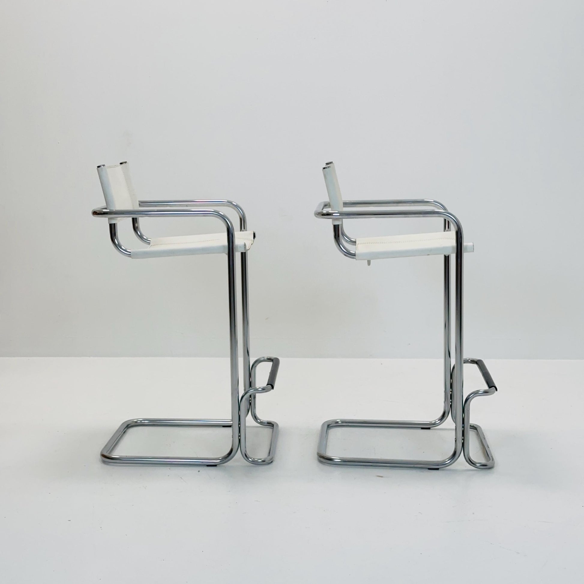 Set of 2 Mart Stam white leather and chrome Italian Mid-Century Modern barstools, 1970s