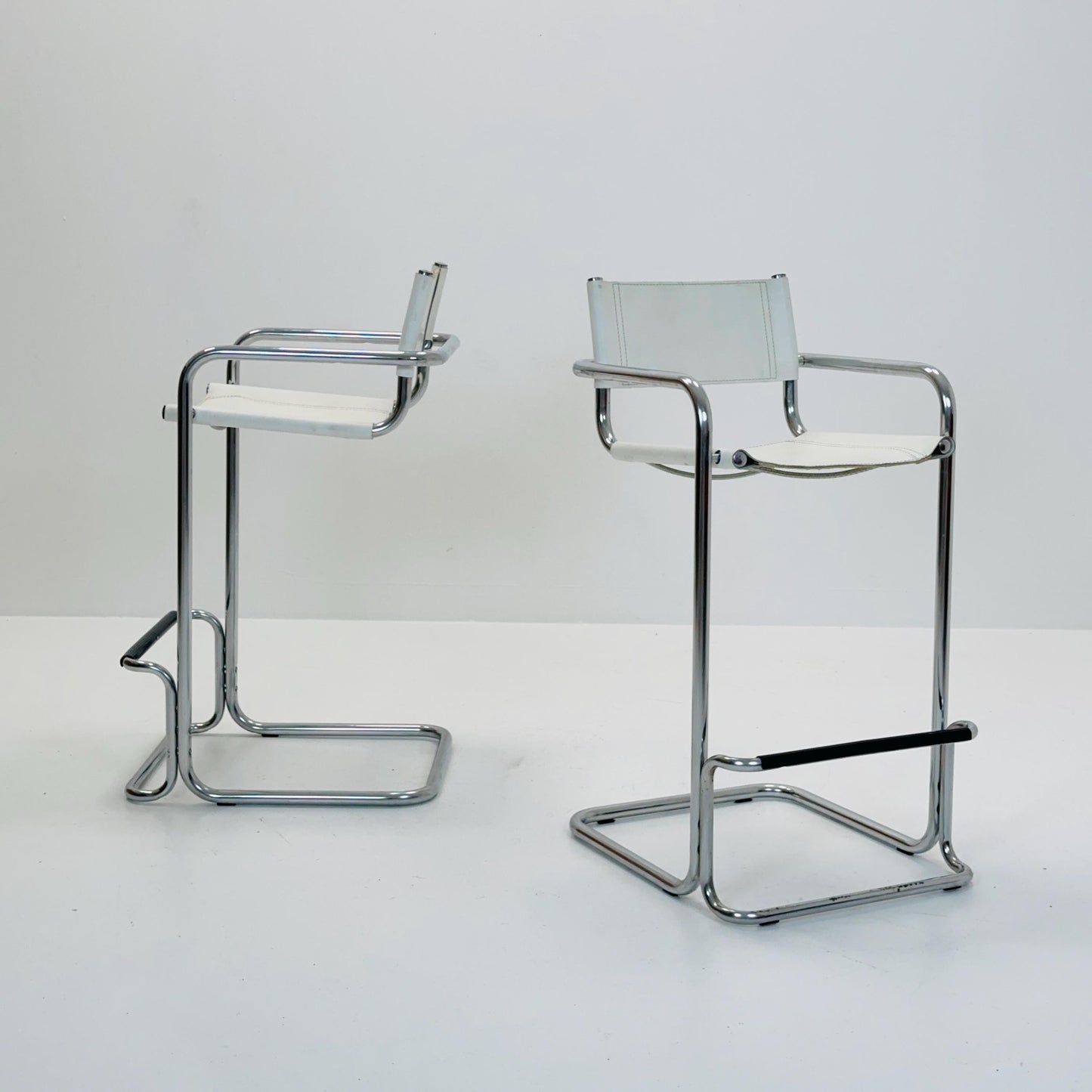 Set of 2 Mart Stam white leather and chrome Italian Mid-Century Modern barstools, 1970s