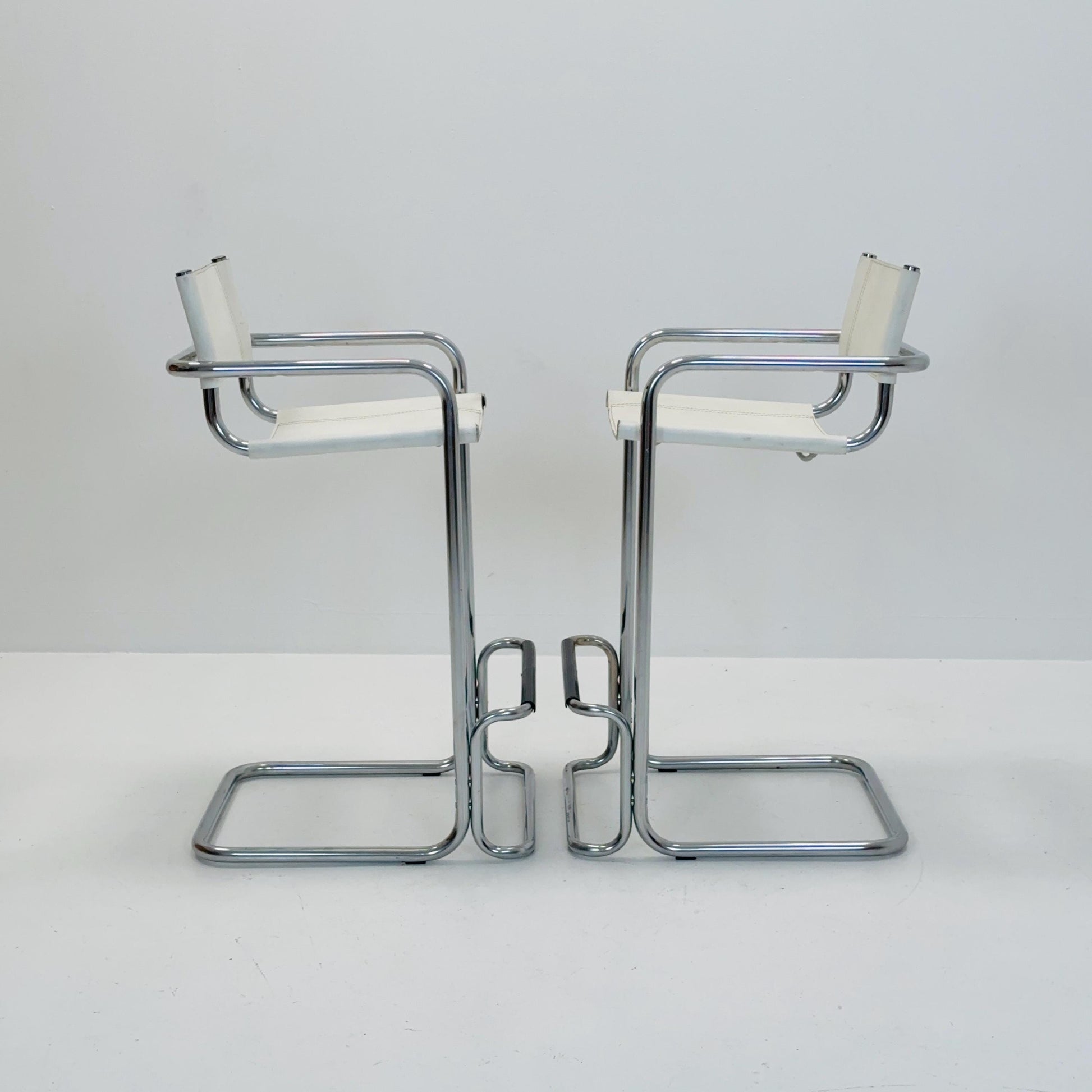 Set of 2 Mart Stam white leather and chrome Italian Mid-Century Modern barstools, 1970s