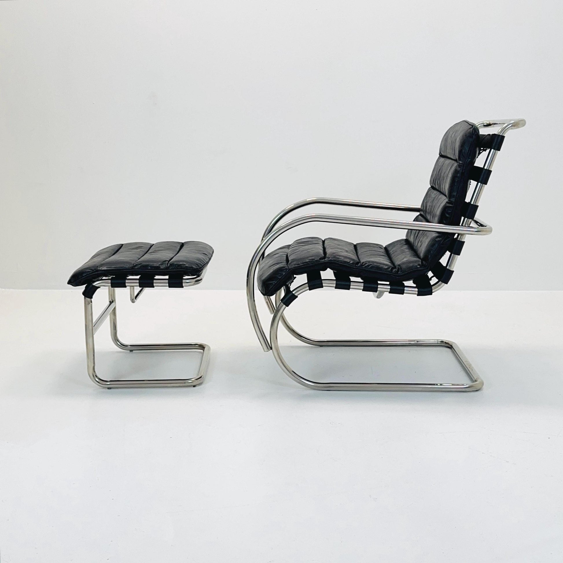 Bauhaus Mr Lounge tubular armchair with ottoman by Ludwig Mies Van Der Rohe ,Bauhaus 1980s
