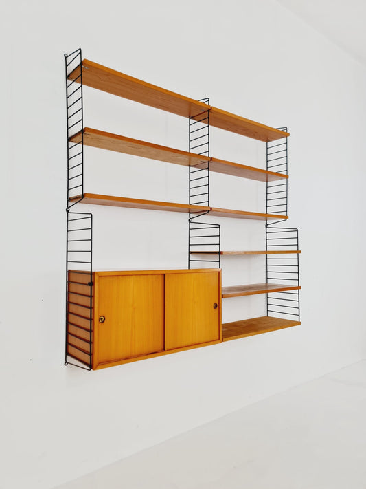 Wall-mounted original Swedish string shelf-system, drawers, bookcase Ash wood by Nils & Kajsa Strinning, 1960s