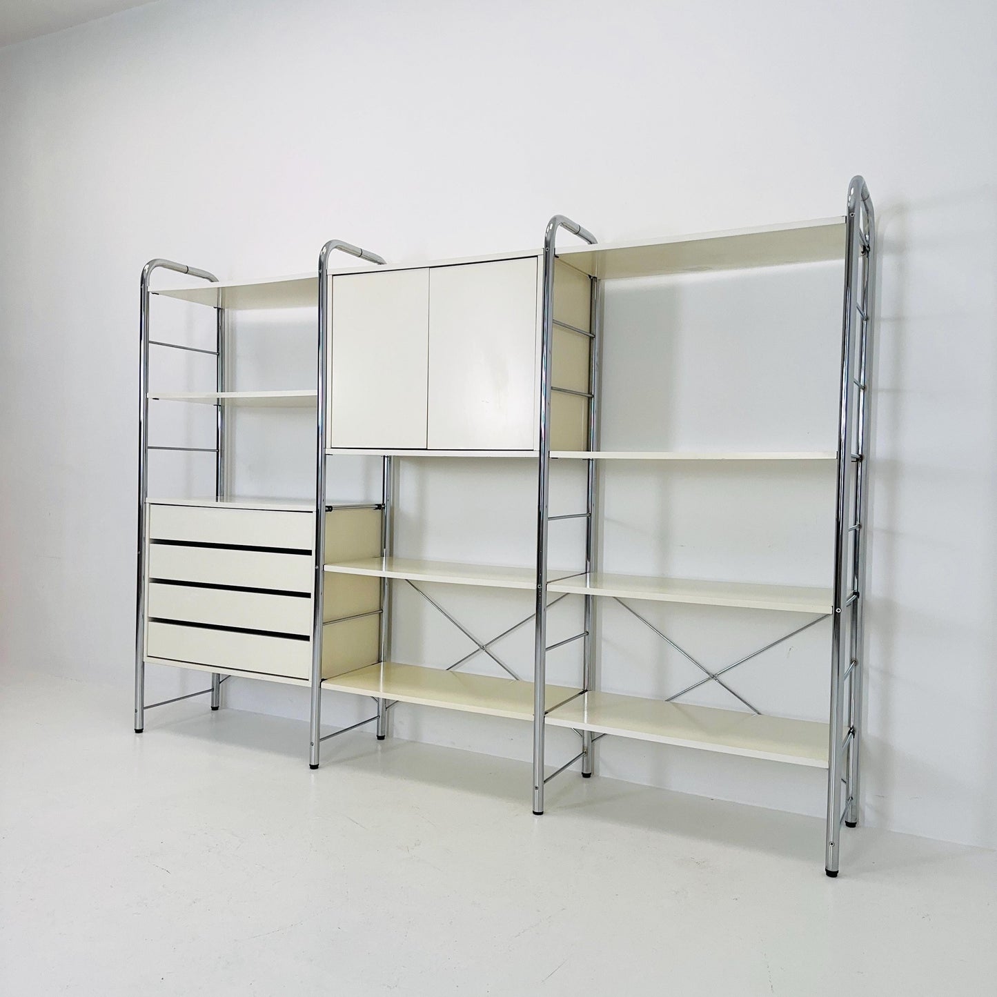 Minimalist white standing modular shelving system “Niklas” by Rutger Andersson for IKEA Sweden 1980s