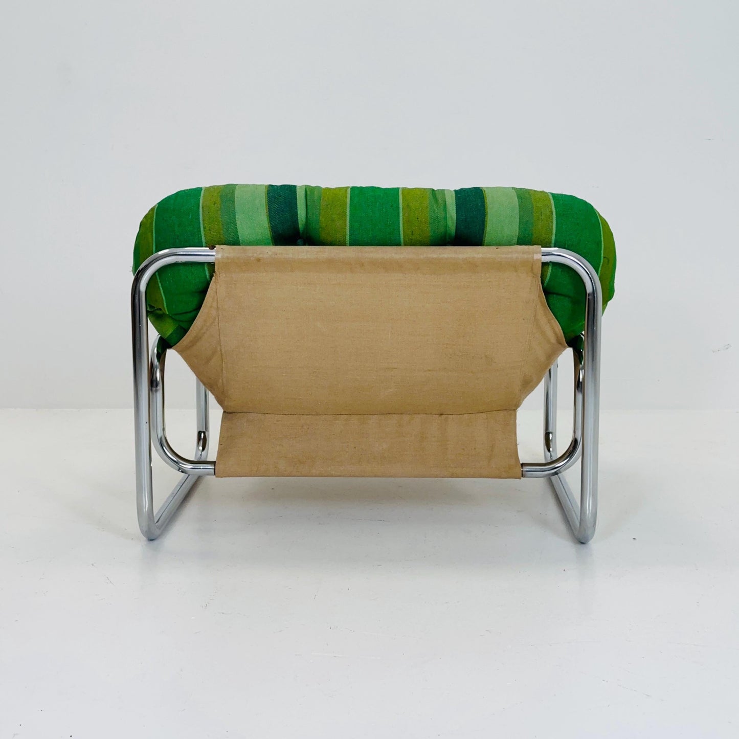 Mid century Postmodern Lounge Chair by Johan Bertil Häggström for Swed Form – Bold Green Striped Upholstery and Chrome Frame 1970s