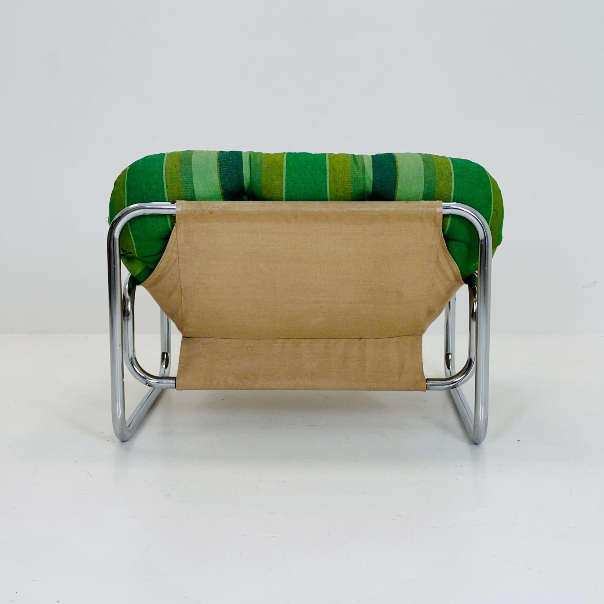 Mid century Postmodern Lounge Chair by Johan Bertil Häggström for Swed Form – Bold Green Striped Upholstery and Chrome Frame 1970s
