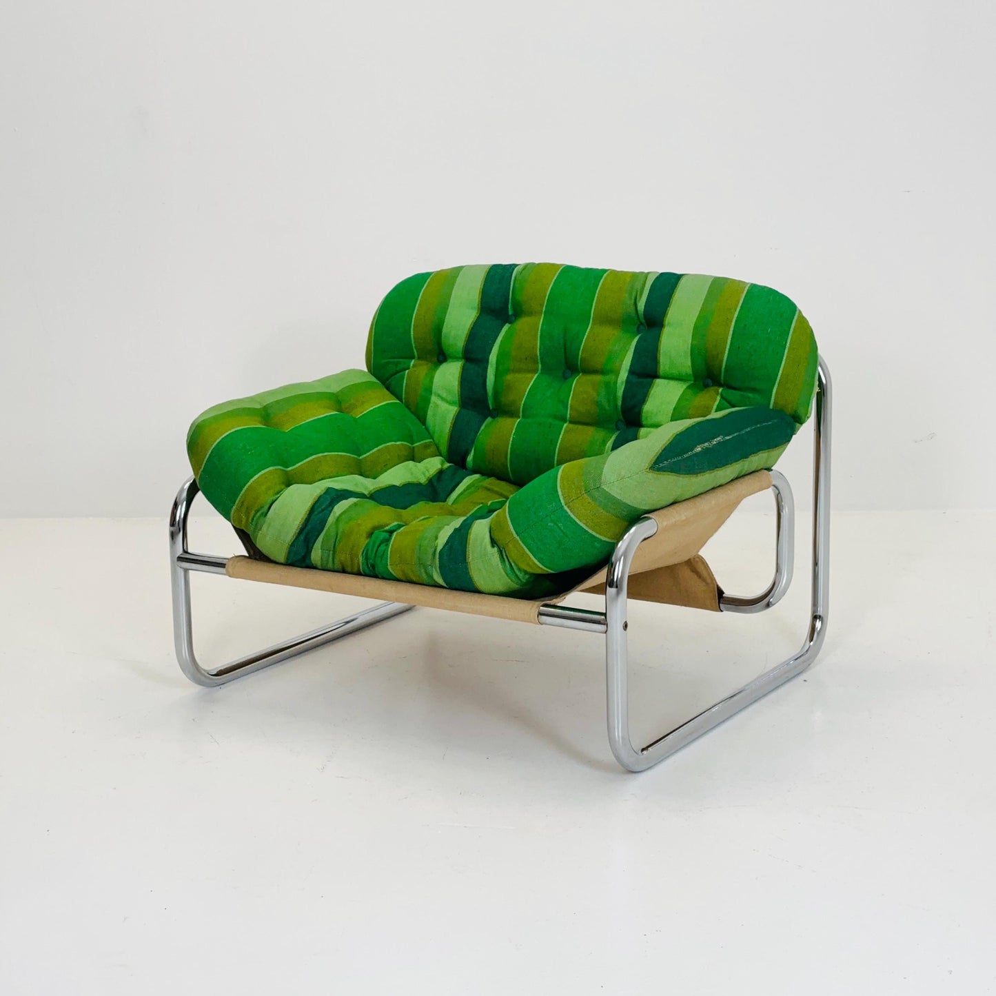 Mid century Postmodern Lounge Chair by Johan Bertil Häggström for Swed Form – Bold Green Striped Upholstery and Chrome Frame 1970s