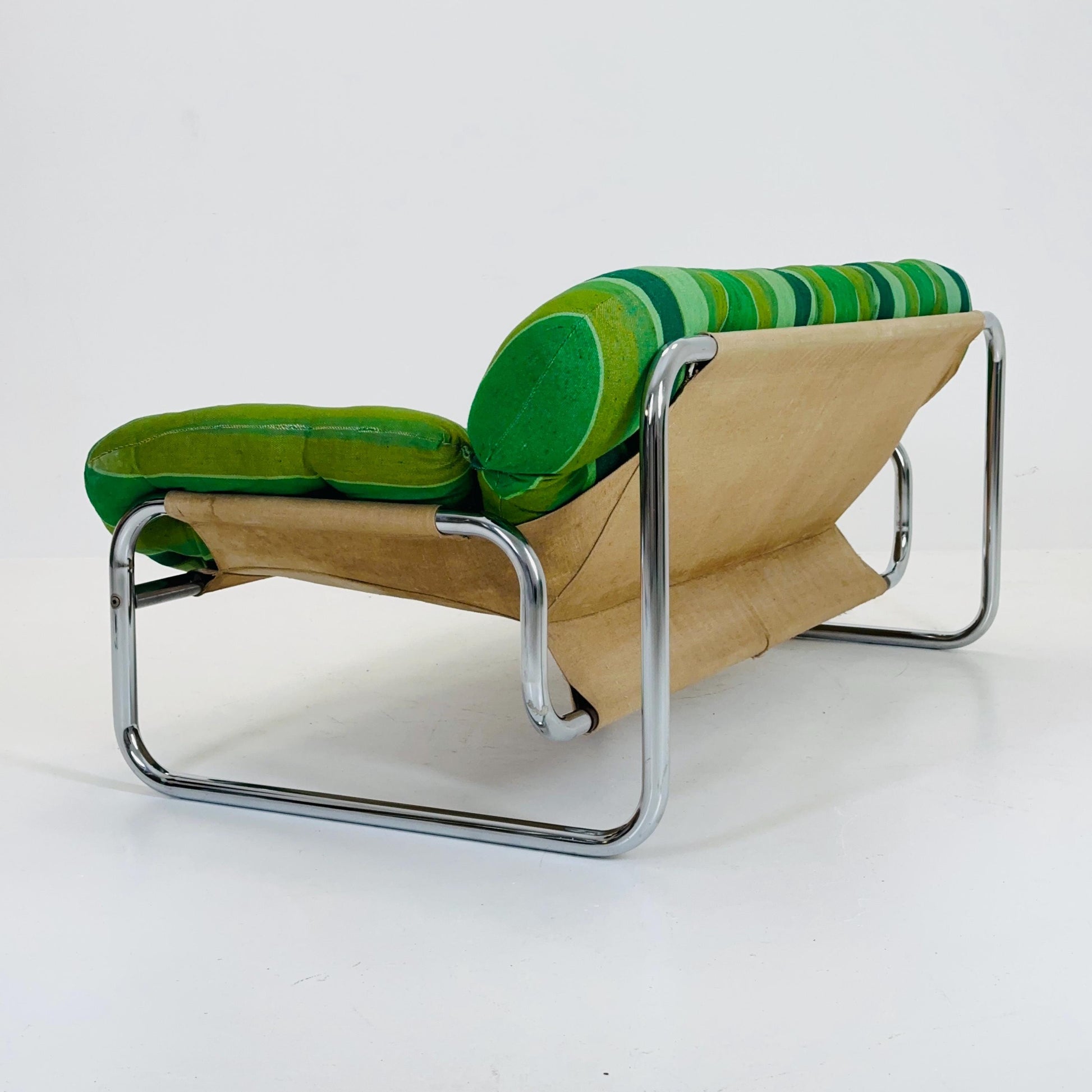 Mid century Postmodern Sofa by Johan Bertil Häggström for Swed Form – Green Striped Upholstery with Chrome Frame, 1974