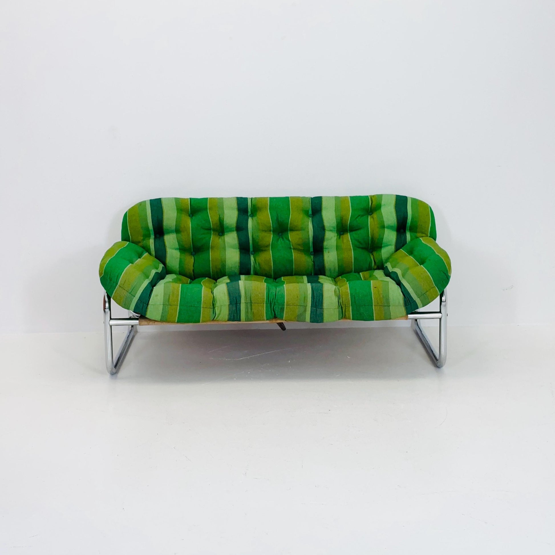 Mid century Postmodern Sofa by Johan Bertil Häggström for Swed Form – Green Striped Upholstery with Chrome Frame, 1974