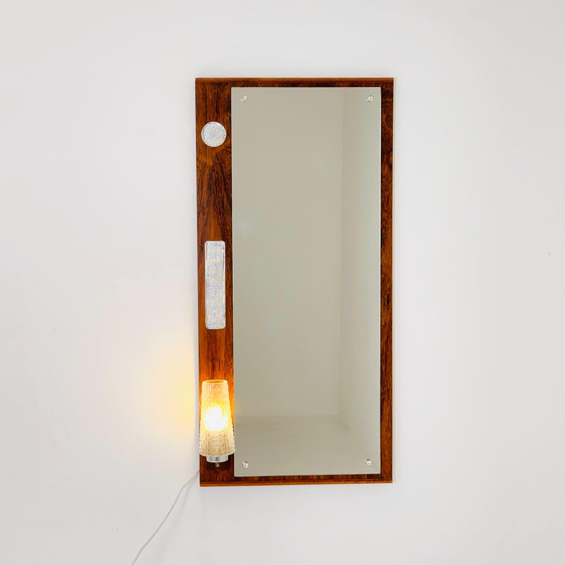 Large Mid century Vintage Danish Modern wood Wall Mirror with Light 1960s