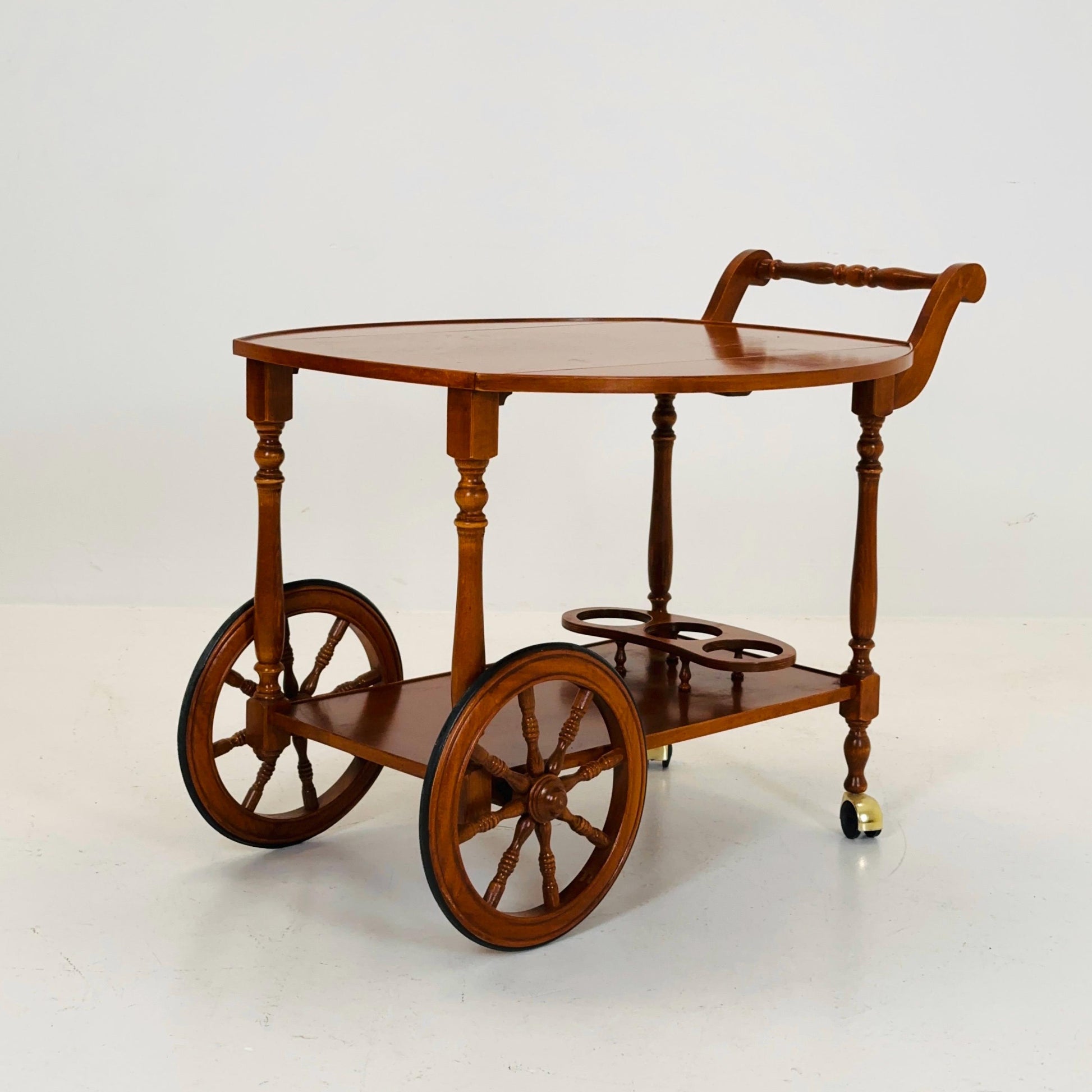 Vintage French Wooden Bar Cart with Drop-Leaf Sides and Rolling Wheels 1960s
