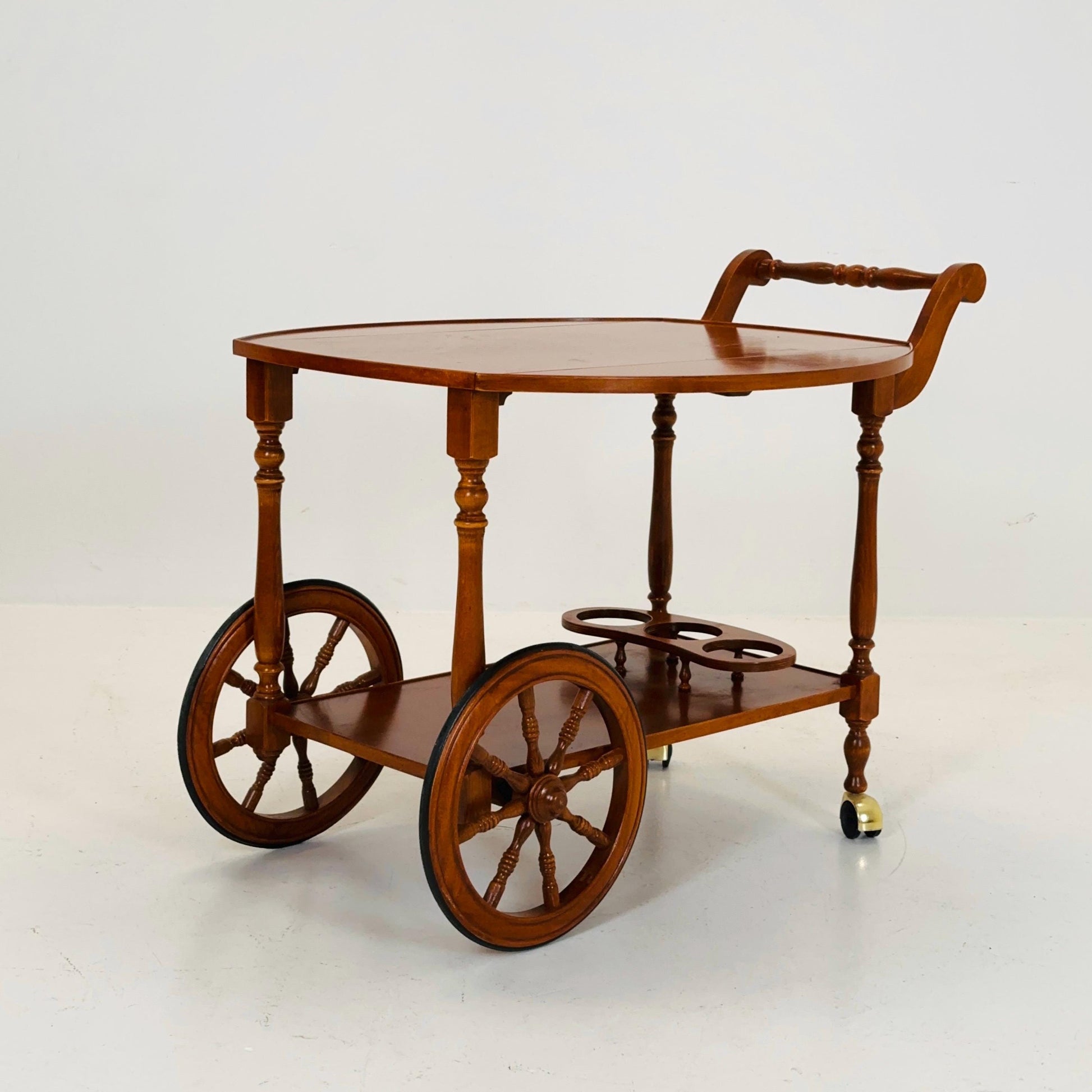 Vintage French Wooden Bar Cart with Drop-Leaf Sides and Rolling Wheels 1960s