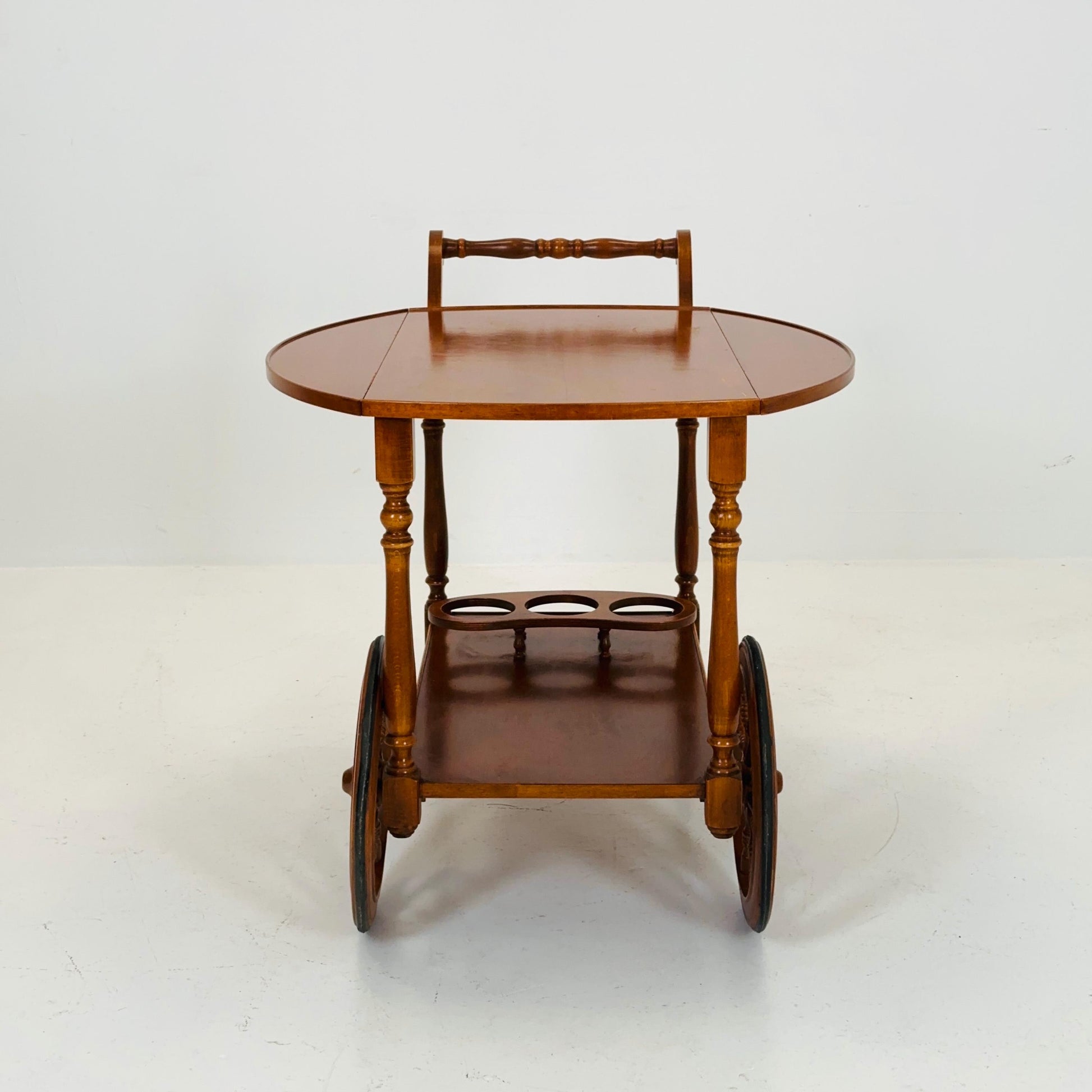 Vintage French Wooden Bar Cart with Drop-Leaf Sides and Rolling Wheels 1960s