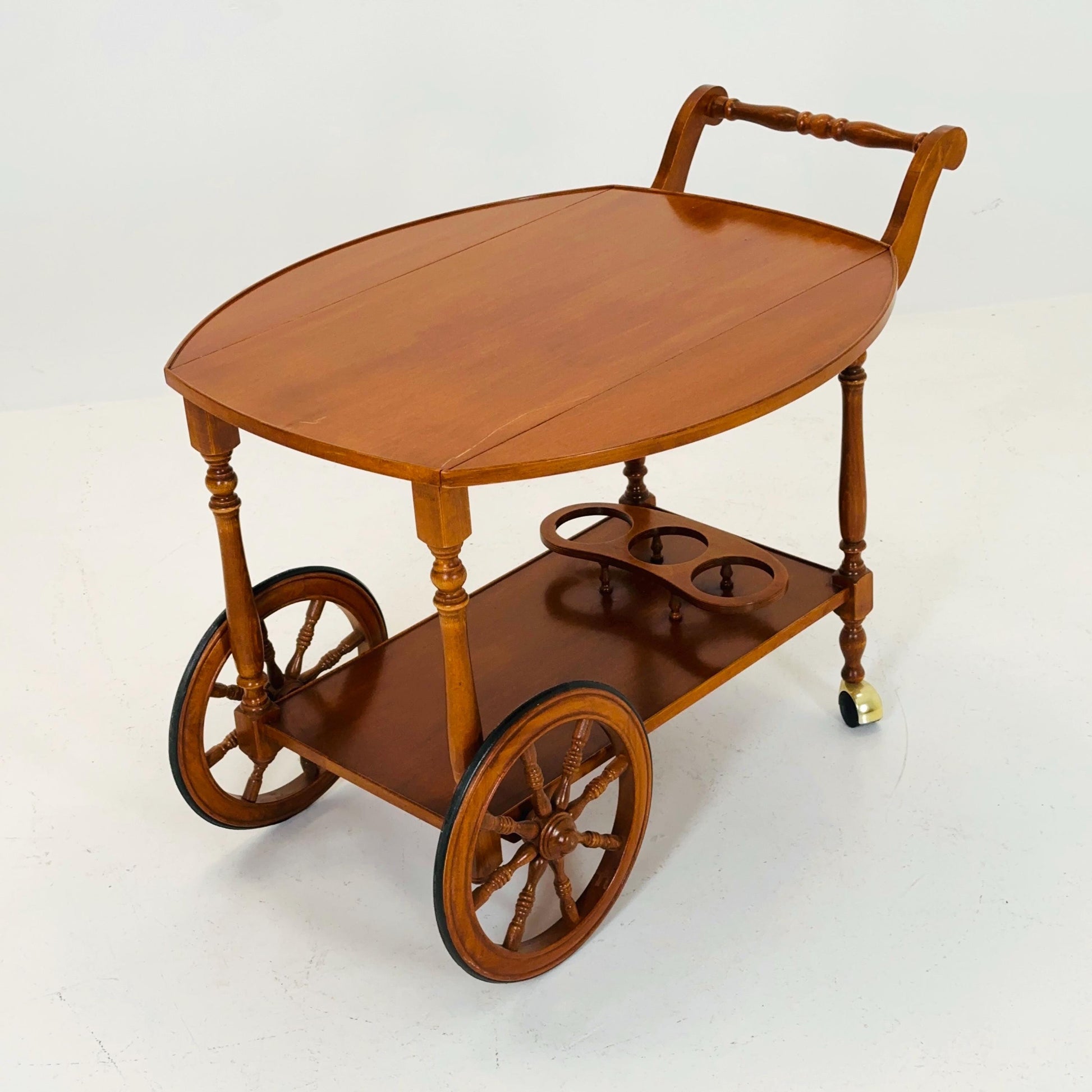 Vintage French Wooden Bar Cart with Drop-Leaf Sides and Rolling Wheels 1960s